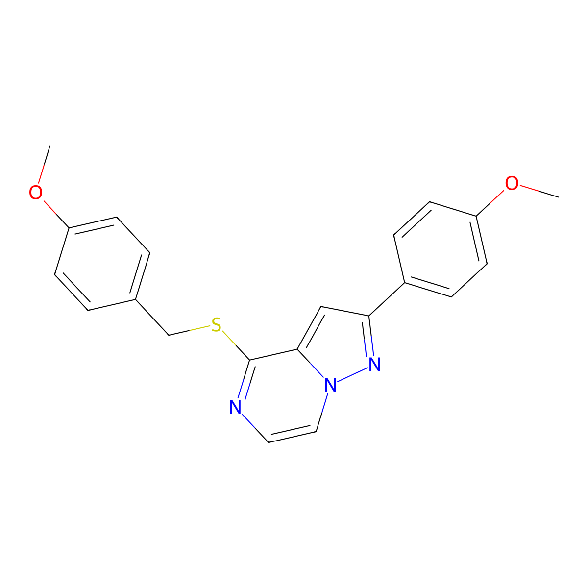4-((4-Methoxybenzyl)thio)-2-(4-methoxyphenyl)pyrazolo[1,5-a]pyrazine molecular structure, CAS 1242860-53-2