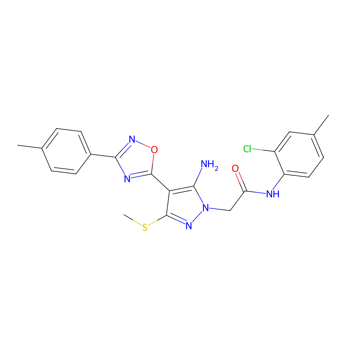 2-{5-Amino-4-[3-(4-methylphenyl)-1,2,4-oxadiazol-5-YL]-3-(methylsulfanyl)-1H-pyrazol-1-YL}-N-(2-chloro-4-methylphenyl)acetamide molecular structure, CAS 1242861-86-4