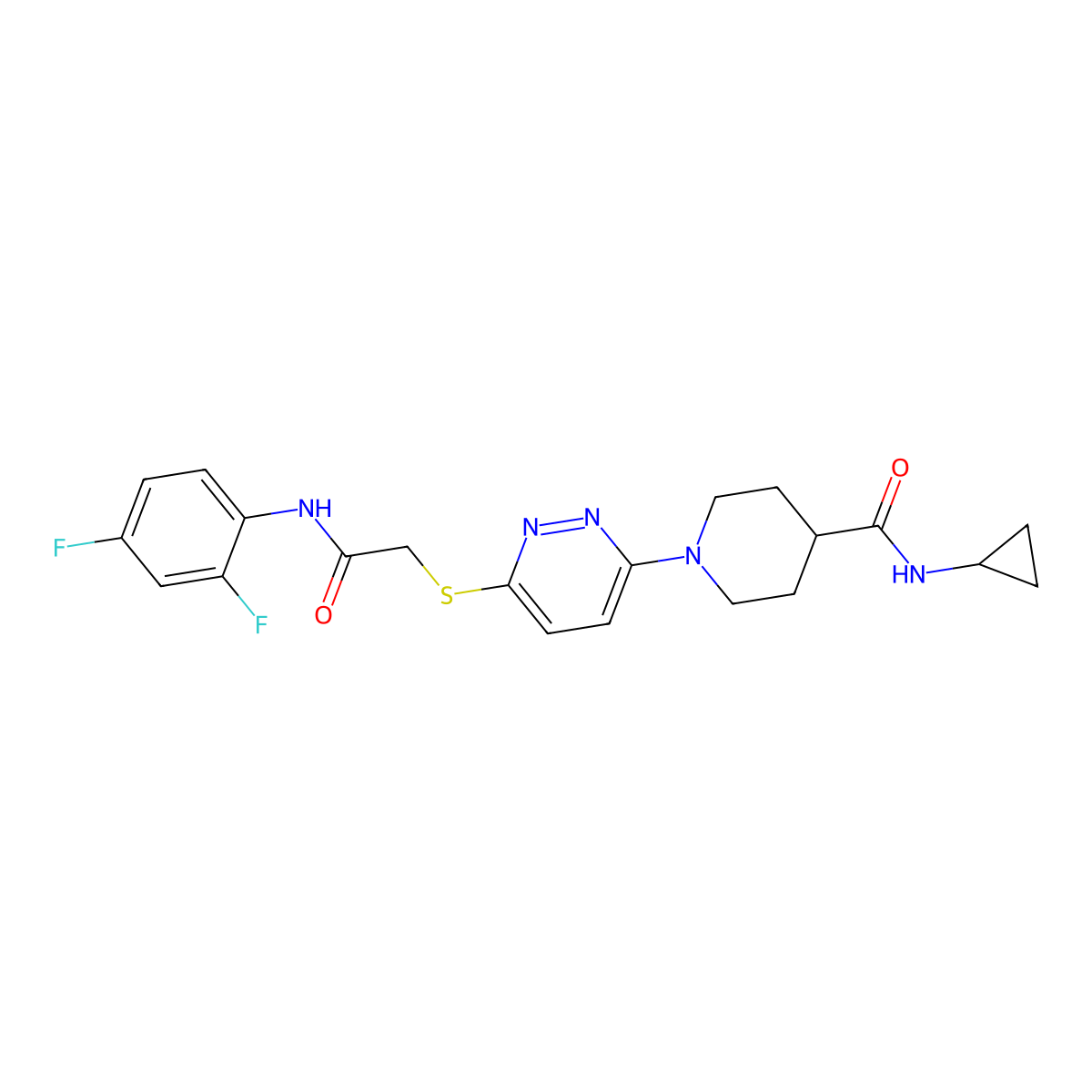 N-cyclopropyl-1-(6-((2-((2,4-difluorophenyl)amino)-2-oxoethyl)thio)pyridazin-3-yl)piperidine-4-carboxamide molecular structure, CAS 1242861-89-7