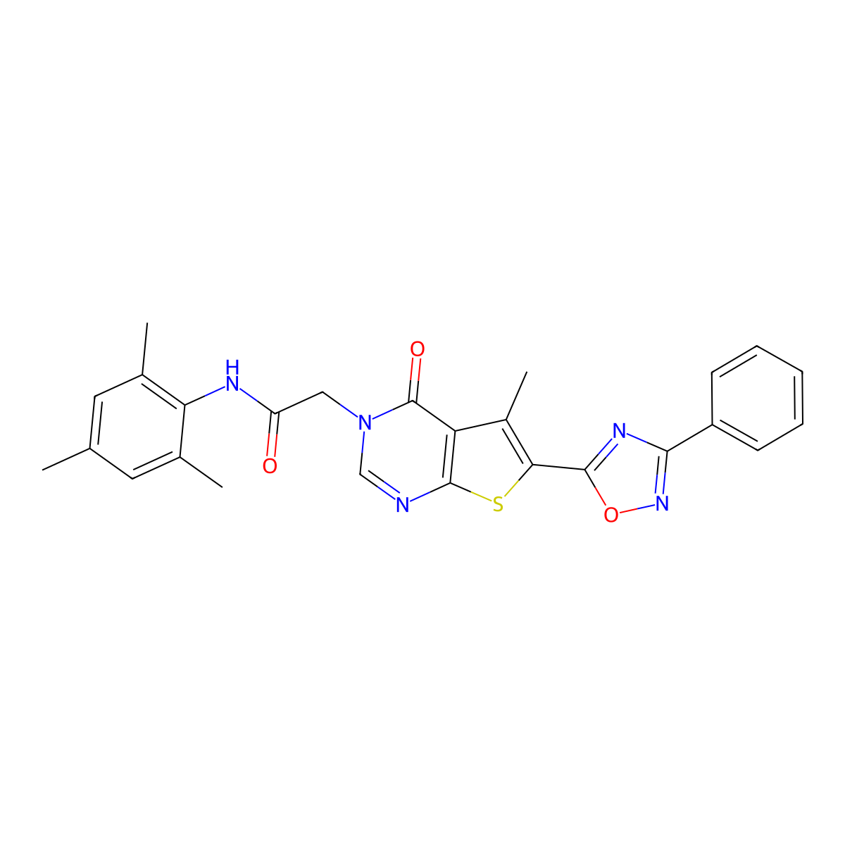 N-mesityl-2-(5-methyl-4-oxo-6-(3-phenyl-1,2,4-oxadiazol-5-yl)thieno[2,3-d]pyrimidin-3(4H)-yl)acetamide molecular structure, CAS 1242861-93-3