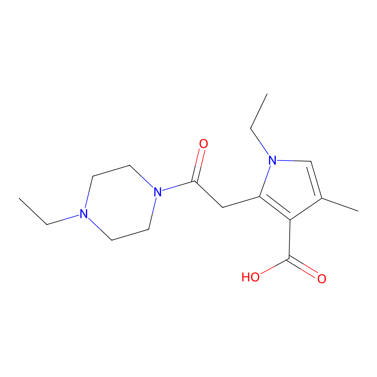 1-Ethyl-2-[2-(4-ethylpiperazin-1-yl)-2-oxoethyl]-4-methyl-1H-pyrrole-3-carboxylic acid molecular structure, CAS 1242862-38-9