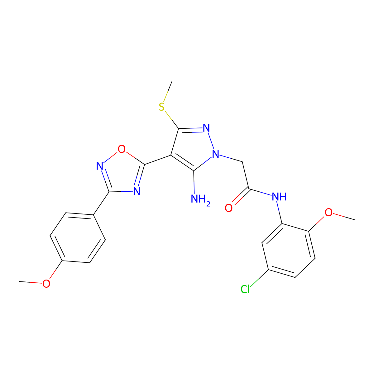 2-(5-amino-4-(3-(4-methoxyphenyl)-1,2,4-oxadiazol-5-yl)-3-(methylthio)-1H-pyrazol-1-yl)-N-(5-chloro-2-methoxyphenyl)acetamide molecular structure, CAS 1242865-50-4