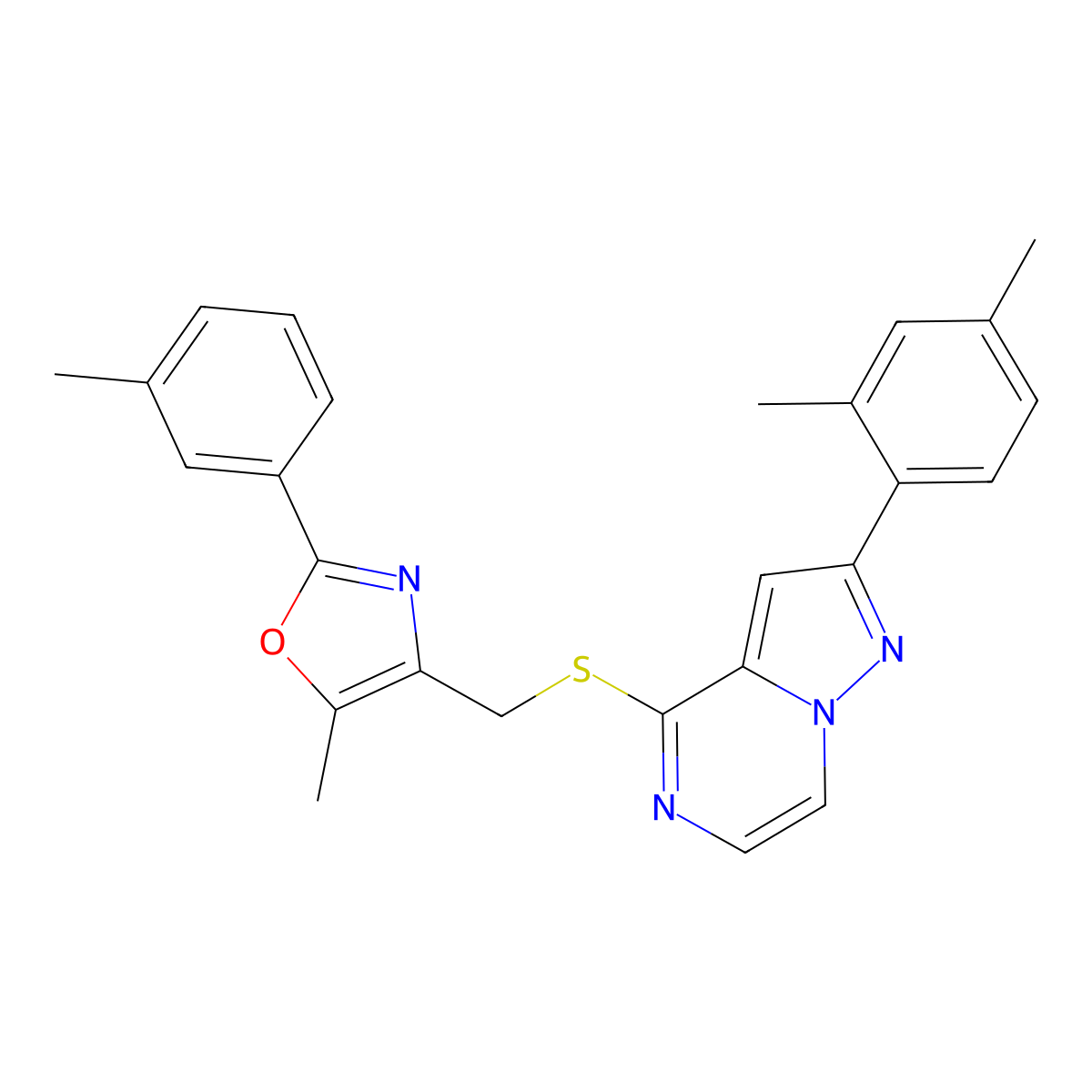 2-(2,4-Dimethylphenyl)-4-({[5-methyl-2-(3-methylphenyl)-1,3-oxazol-4-yl]methyl}thio)pyrazolo[1,5-a]pyrazine molecular structure, CAS 1242865-86-6