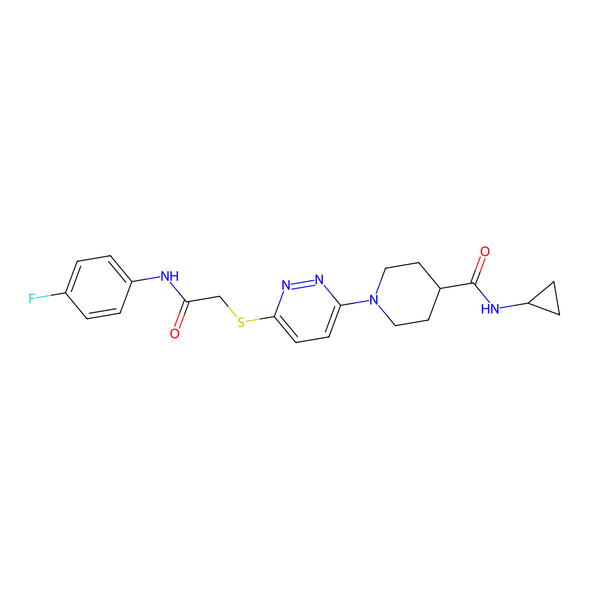 N-cyclopropyl-1-(6-((2-((4-fluorophenyl)amino)-2-oxoethyl)thio)pyridazin-3-yl)piperidine-4-carboxamide molecular structure, CAS 1242865-90-2