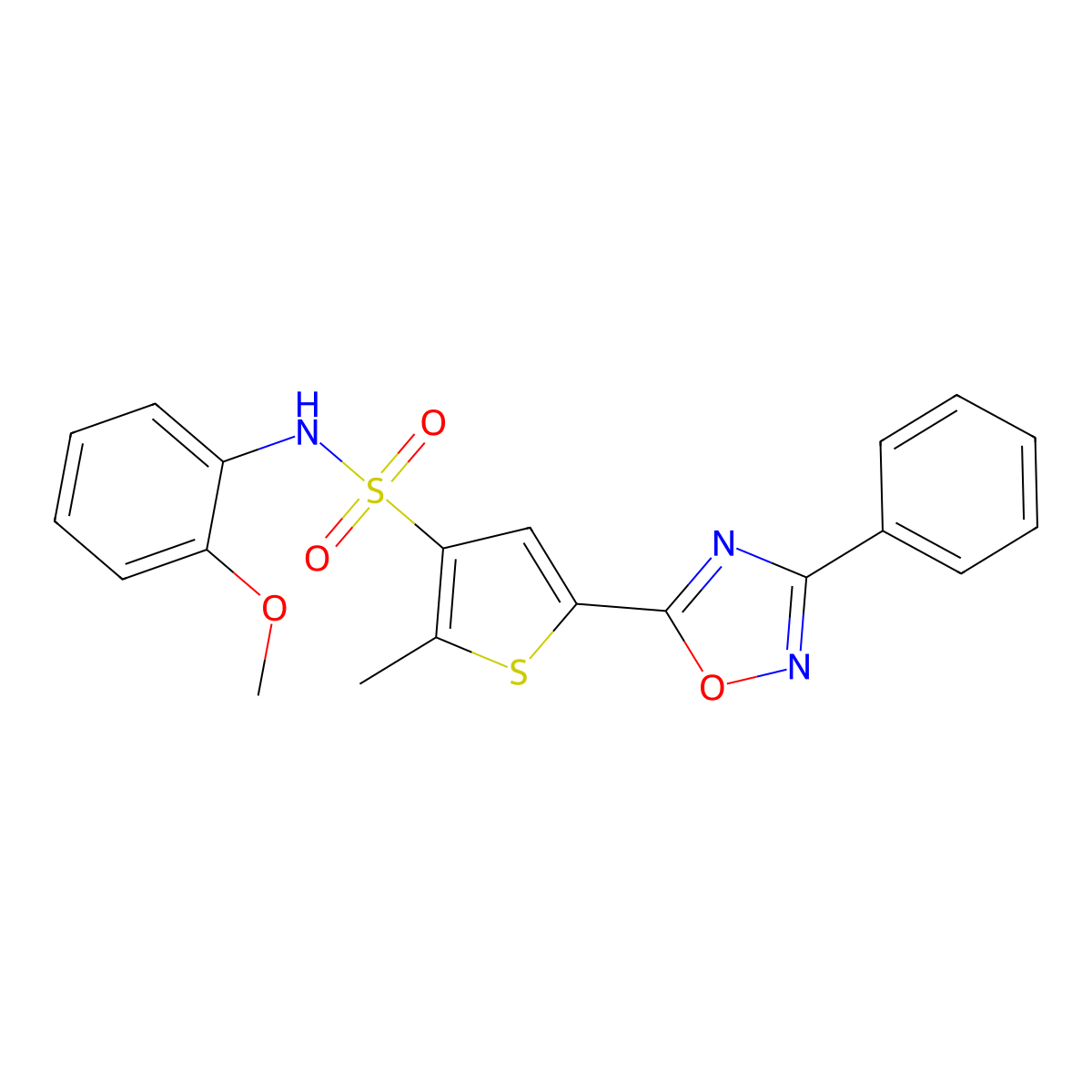 N-(2-methoxyphenyl)-2-methyl-5-(3-phenyl-1,2,4-oxadiazol-5-yl)thiophene-3-sulfonamide molecular structure, CAS 1242866-00-7