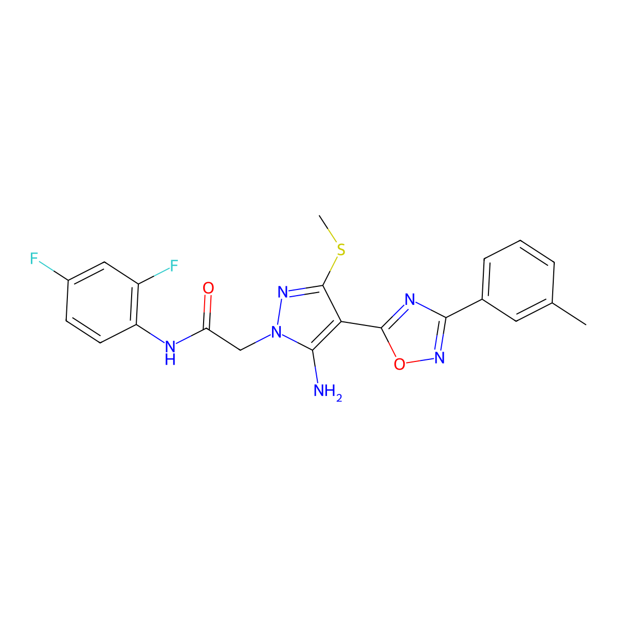 2-{5-amino-4-[3-(3-methylphenyl)-1,2,4-oxadiazol-5-yl]-3-(methylsulfanyl)-1H-pyrazol-1-yl}-N-(2,4-difluorophenyl)acetamide molecular structure, CAS 1242866-20-1