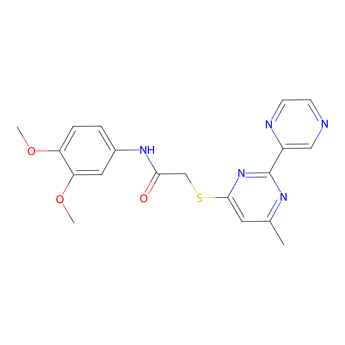 N-(3,4-dimethoxyphenyl)-2-((6-methyl-2-(pyrazin-2-yl)pyrimidin-4-yl)thio)acetamide molecular structure, CAS 1242866-29-0
