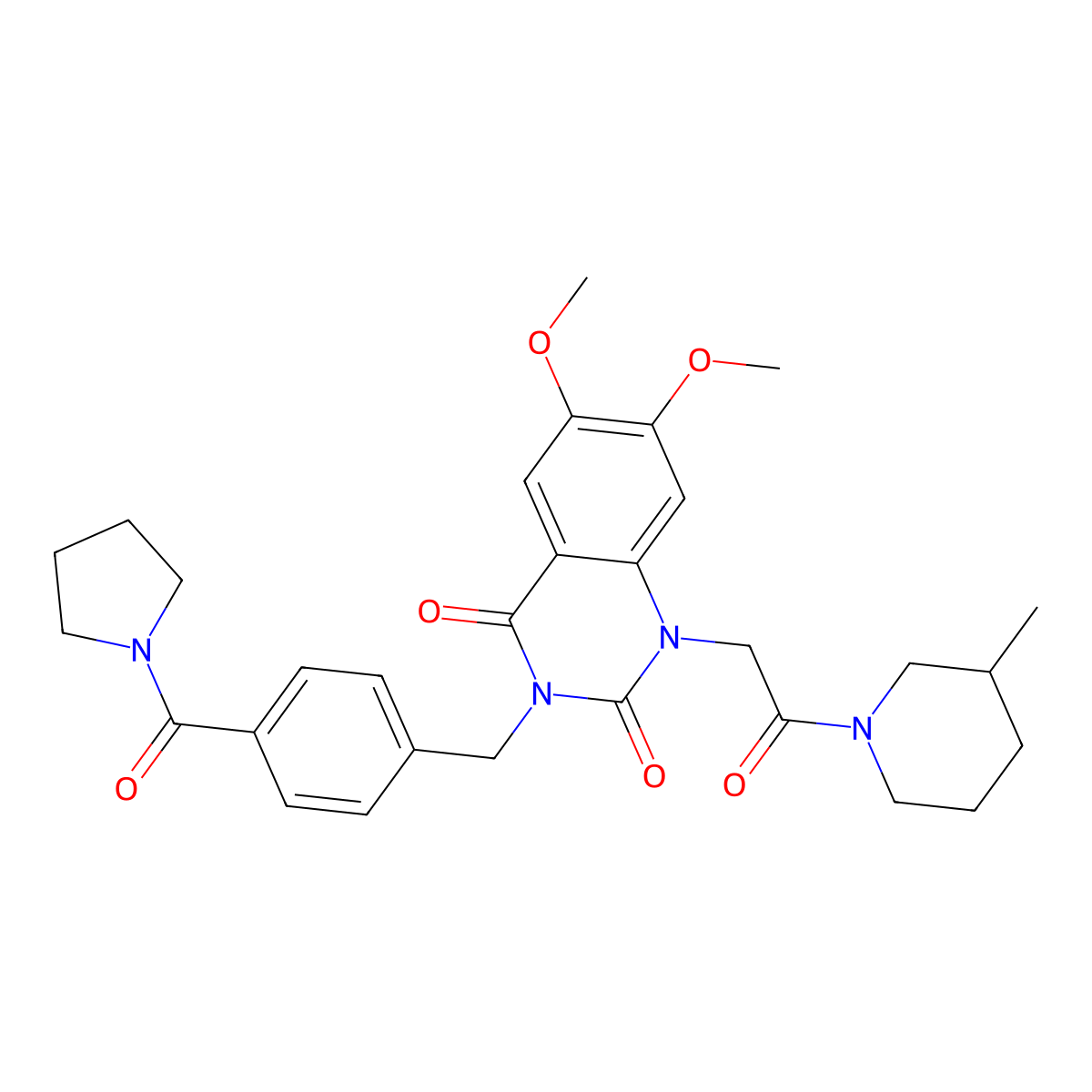6,7-dimethoxy-1-(2-(3-methylpiperidin-1-yl)-2-oxoethyl)-3-(4-(pyrrolidine-1-carbonyl)benzyl)quinazoline-2,4(1H,3H)-dione molecular structure, CAS 1242866-84-7