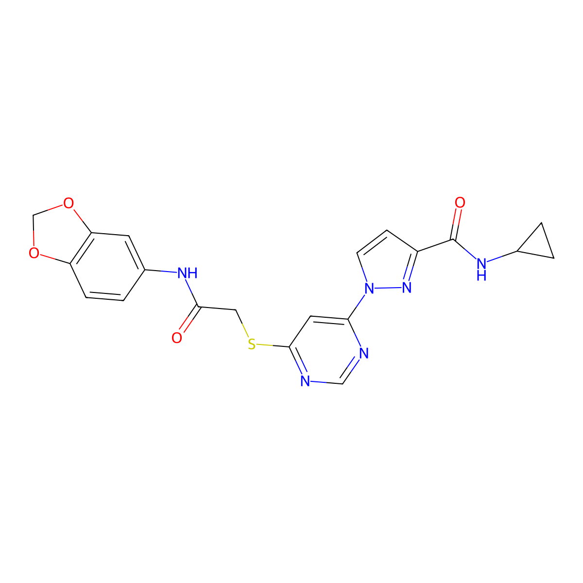 1-[6-({[(2H-1,3-benzodioxol-5-yl)carbamoyl]methyl}sulfanyl)pyrimidin-4-yl]-N-cyclopropyl-1H-pyrazole-3-carboxamide molecular structure, CAS 1242866-88-1