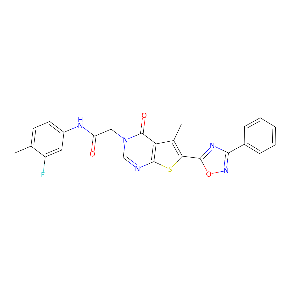 N-(3-fluoro-4-methylphenyl)-2-(5-methyl-4-oxo-6-(3-phenyl-1,2,4-oxadiazol-5-yl)thieno[2,3-d]pyrimidin-3(4H)-yl)acetamide molecular structure, CAS 1242869-56-2