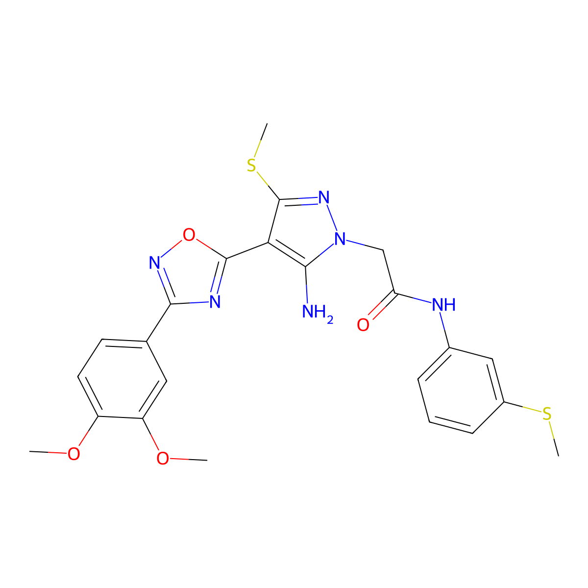 2-(5-amino-4-(3-(3,4-dimethoxyphenyl)-1,2,4-oxadiazol-5-yl)-3-(methylthio)-1H-pyrazol-1-yl)-N-(3-(methylthio)phenyl)acetamide molecular structure, CAS 1242871-79-9