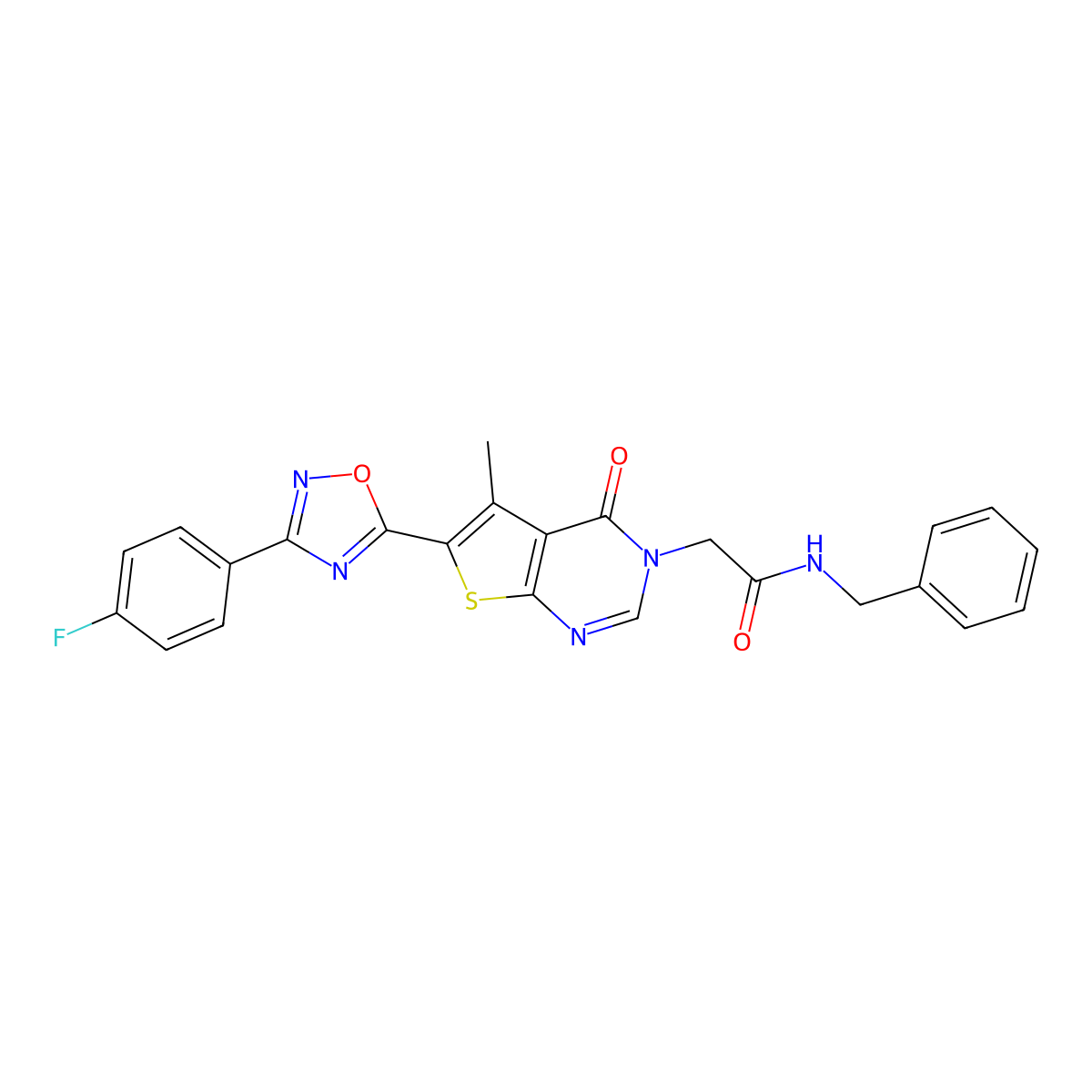 N-benzyl-2-(6-(3-(4-fluorophenyl)-1,2,4-oxadiazol-5-yl)-5-methyl-4-oxothieno[2,3-d]pyrimidin-3(4H)-yl)acetamide molecular structure, CAS 1242871-99-3