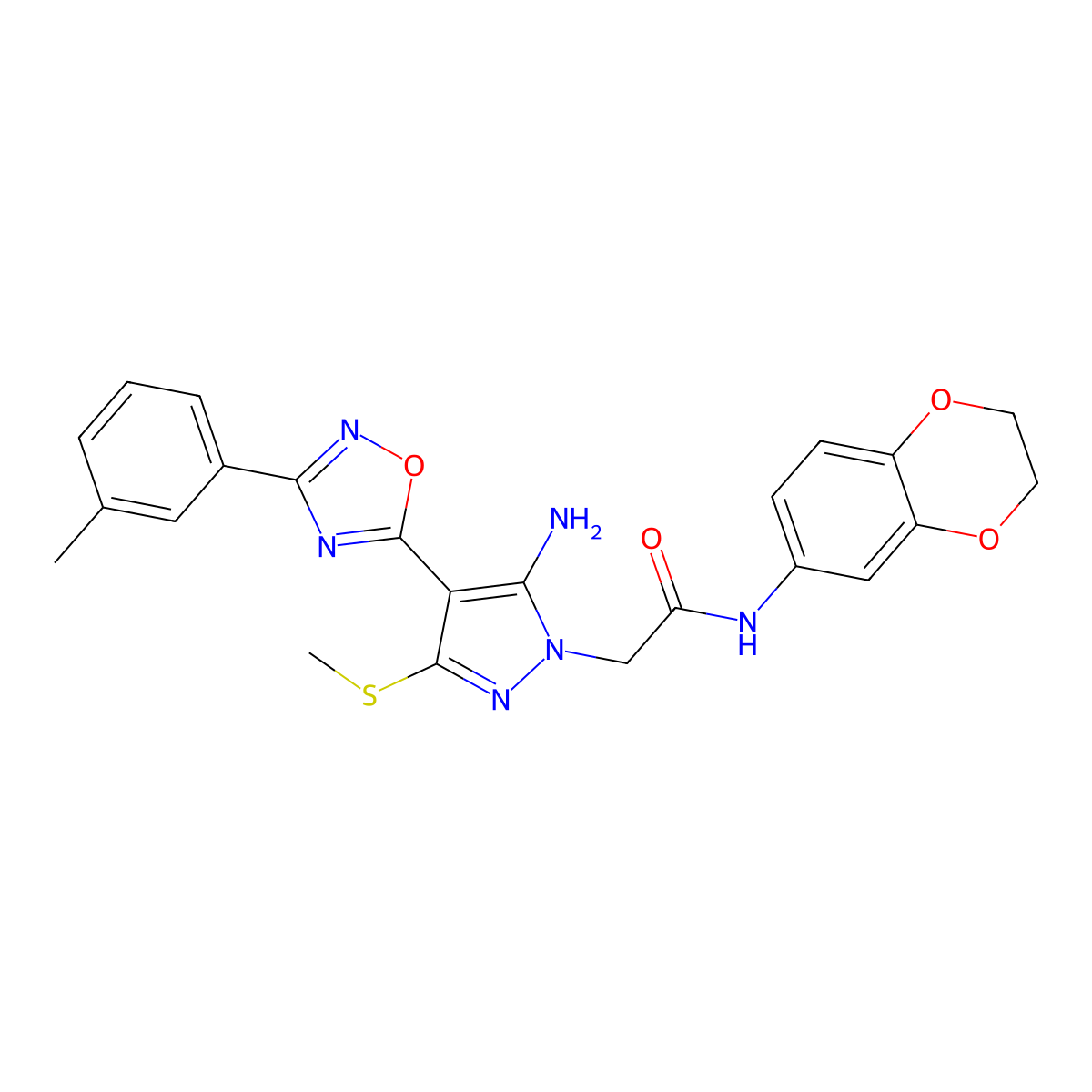 2-{5-amino-4-[3-(3-methylphenyl)-1,2,4-oxadiazol-5-yl]-3-(methylsulfanyl)-1H-pyrazol-1-yl}-N-(2,3-dihydro-1,4-benzodioxin-6-yl)acetamide molecular structure, CAS 1242874-09-4