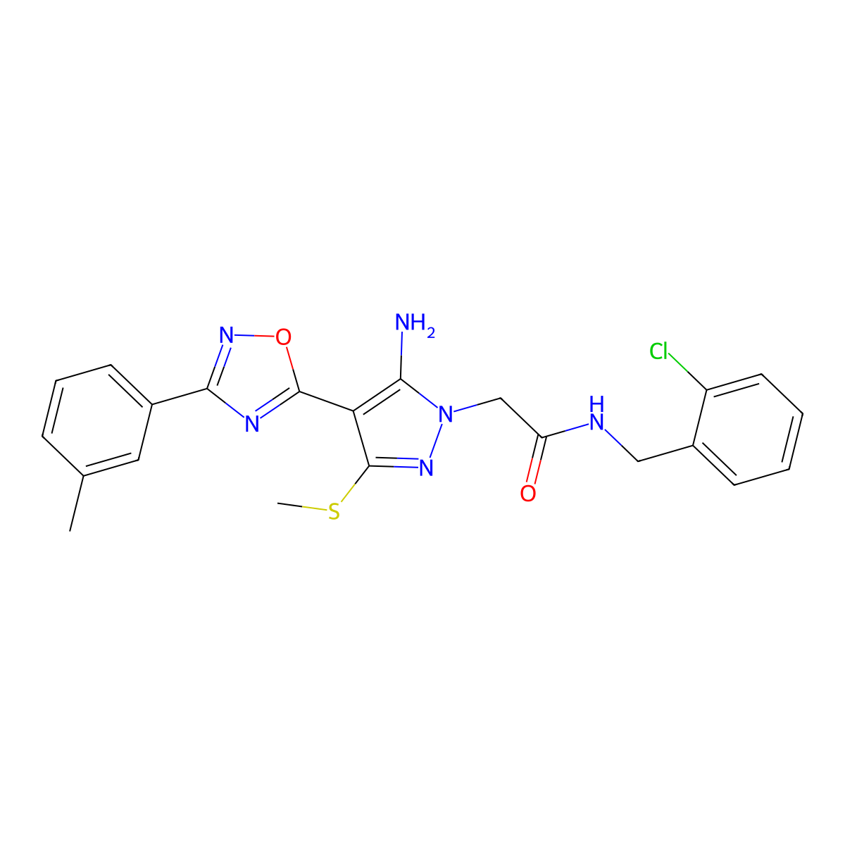 2-{5-amino-4-[3-(3-methylphenyl)-1,2,4-oxadiazol-5-yl]-3-(methylsulfanyl)-1H-pyrazol-1-yl}-N-[(2-chlorophenyl)methyl]acetamide molecular structure, CAS 1242874-69-6