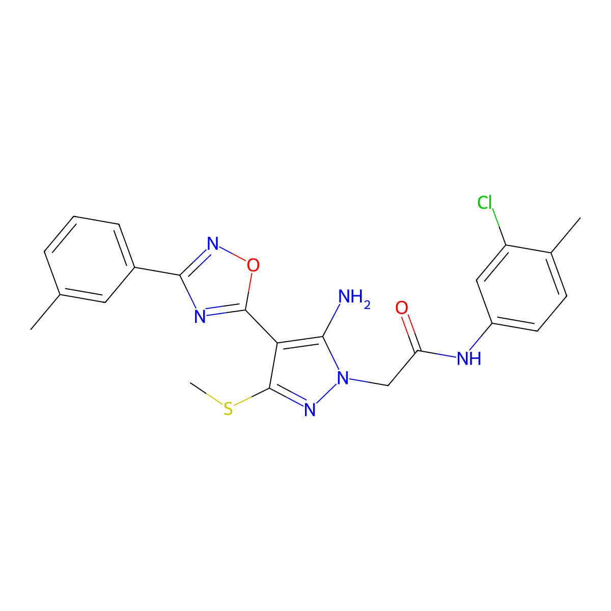 2-{5-amino-4-[3-(3-methylphenyl)-1,2,4-oxadiazol-5-yl]-3-(methylsulfanyl)-1H-pyrazol-1-yl}-N-(3-chloro-4-methylphenyl)acetamide molecular structure, CAS 1242875-02-0