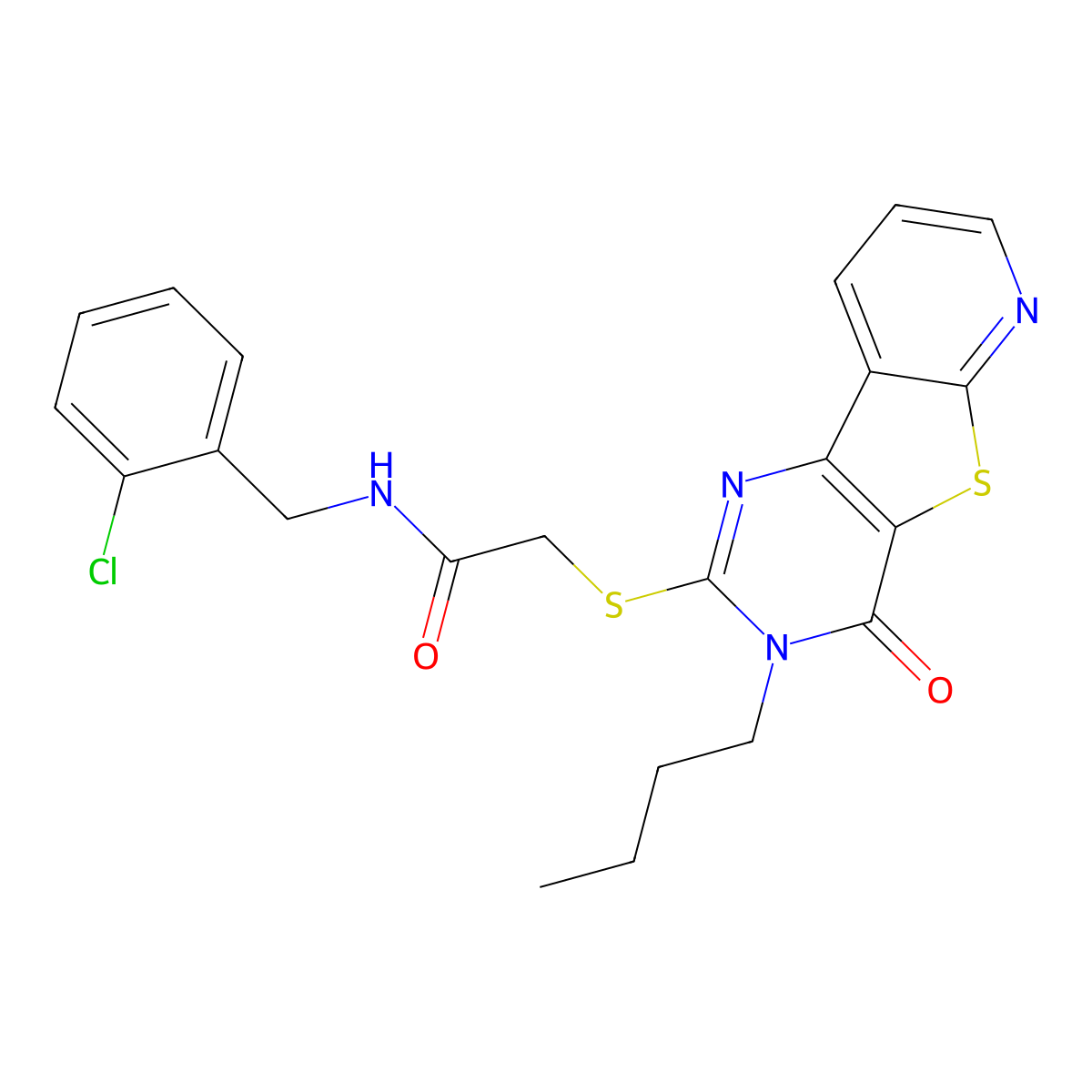 2-({5-butyl-6-oxo-8-thia-3,5,10-triazatricyclo[7.4.0.0^{2,7}]trideca-1(9),2(7),3,10,12-pentaen-4-yl}sulfanyl)-N-[(2-chlorophenyl)methyl]acetamide molecular structure, CAS 1242875-77-9