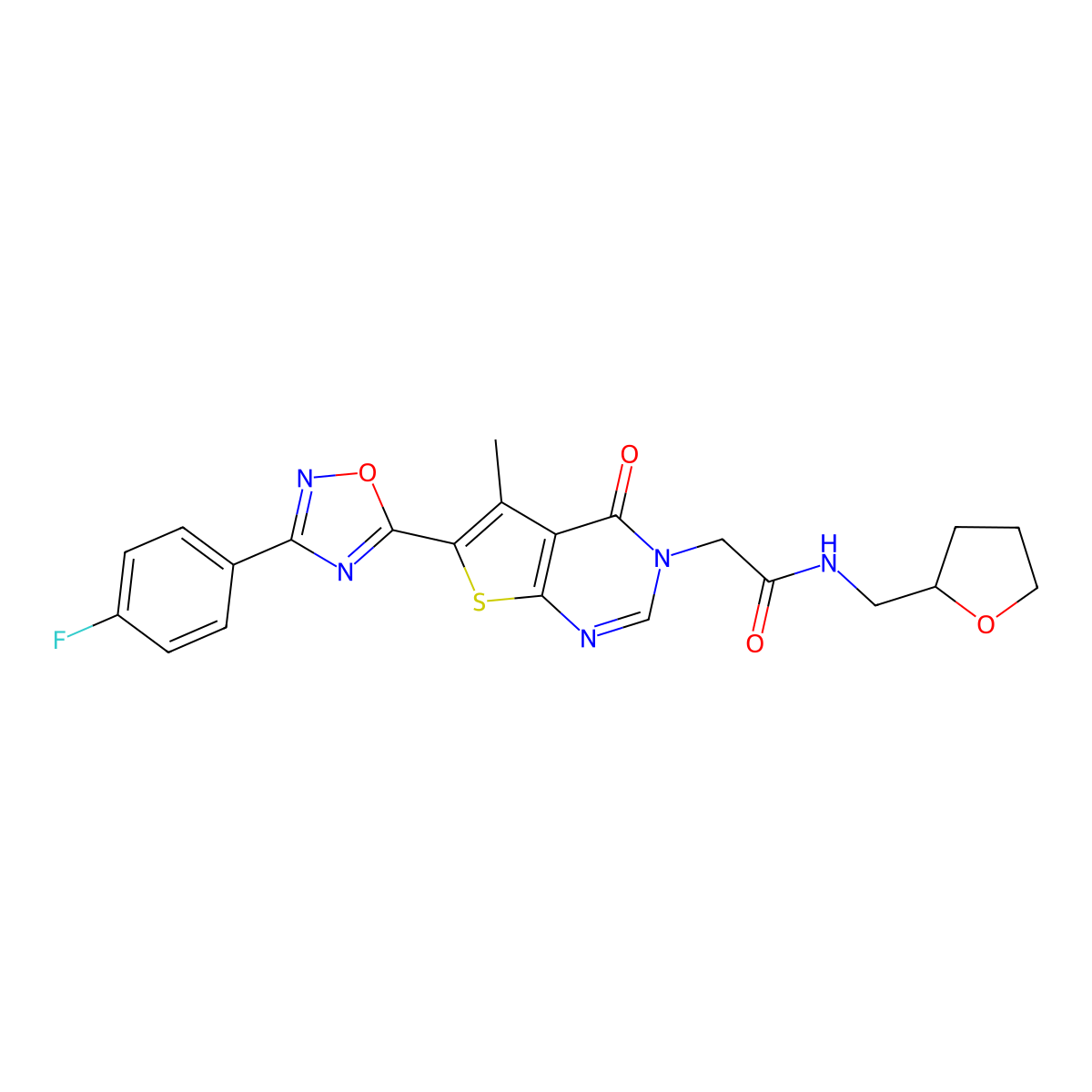 2-(6-(3-(4-fluorophenyl)-1,2,4-oxadiazol-5-yl)-5-methyl-4-oxothieno[2,3-d]pyrimidin-3(4H)-yl)-N-((tetrahydrofuran-2-yl)methyl)acetamide molecular structure, CAS 1242876-10-3