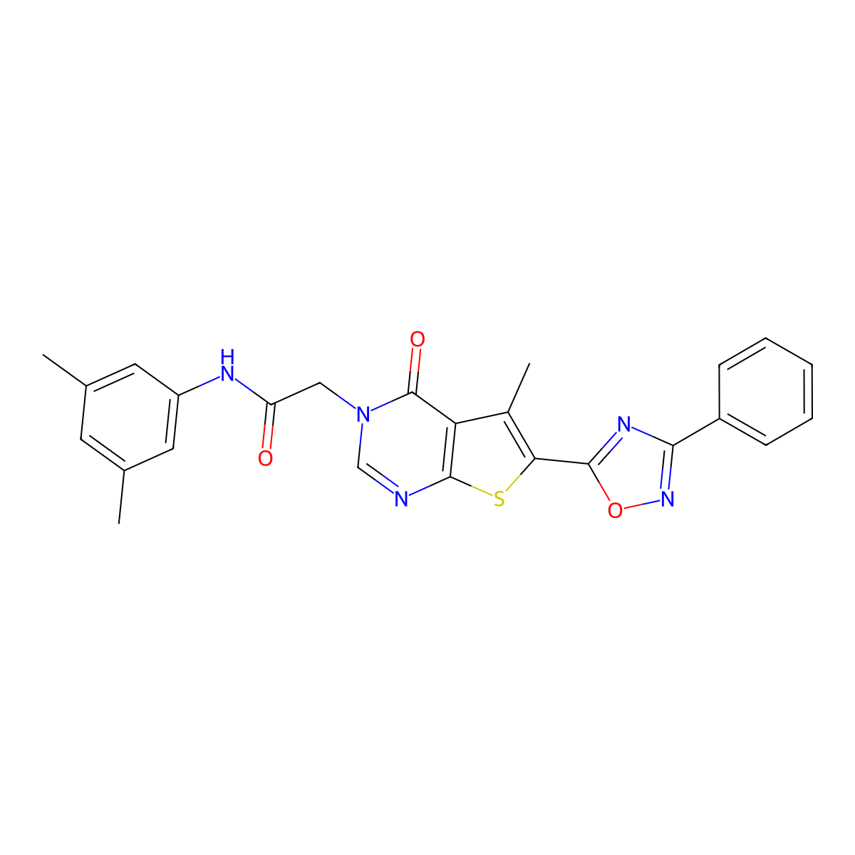 N-(3,5-dimethylphenyl)-2-(5-methyl-4-oxo-6-(3-phenyl-1,2,4-oxadiazol-5-yl)thieno[2,3-d]pyrimidin-3(4H)-yl)acetamide molecular structure, CAS 1242876-78-3