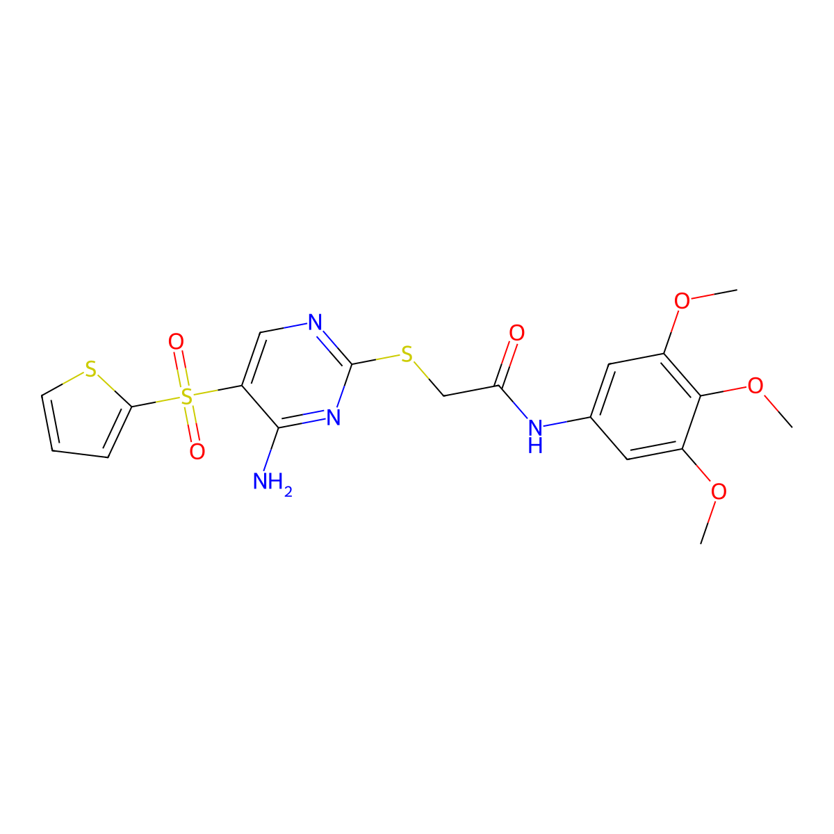 2-((4-amino-5-(thiophen-2-ylsulfonyl)pyrimidin-2-yl)thio)-N-(3,4,5-trimethoxyphenyl)acetamide molecular structure, CAS 1242877-31-1