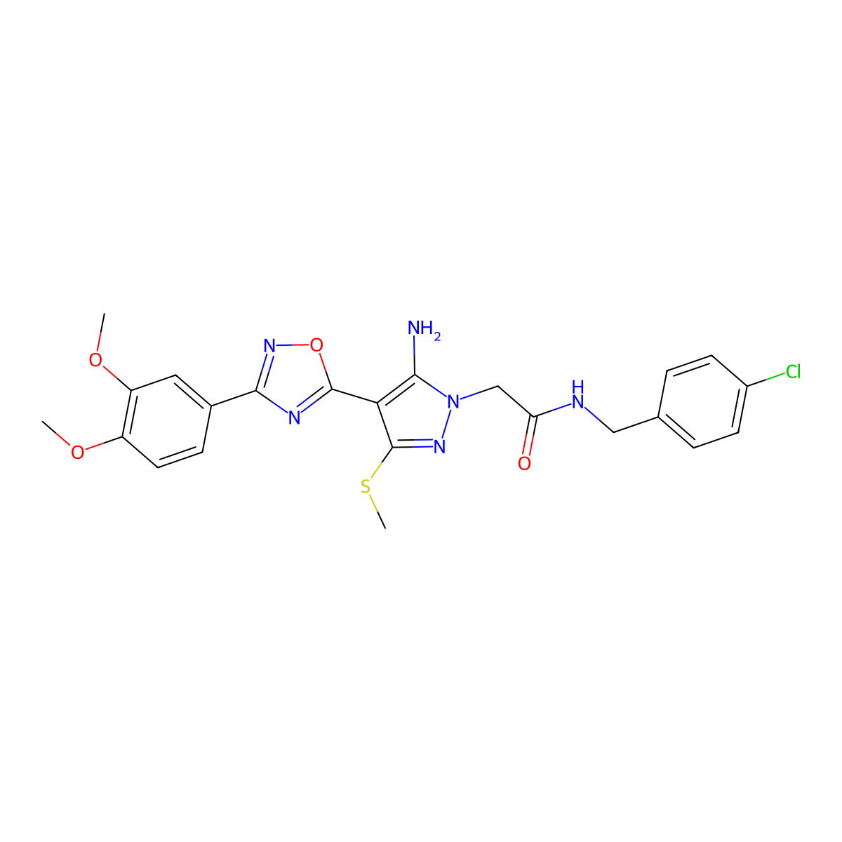 2-(5-amino-4-(3-(3,4-dimethoxyphenyl)-1,2,4-oxadiazol-5-yl)-3-(methylthio)-1H-pyrazol-1-yl)-N-(4-chlorobenzyl)acetamide molecular structure, CAS 1242877-53-7