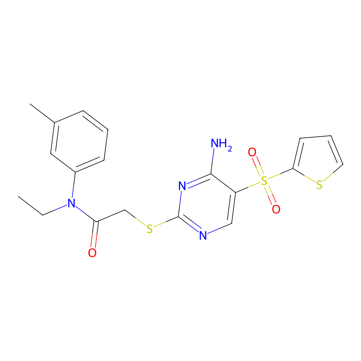 2-((4-amino-5-(thiophen-2-ylsulfonyl)pyrimidin-2-yl)thio)-N-ethyl-N-(m-tolyl)acetamide molecular structure, CAS 1242879-13-5