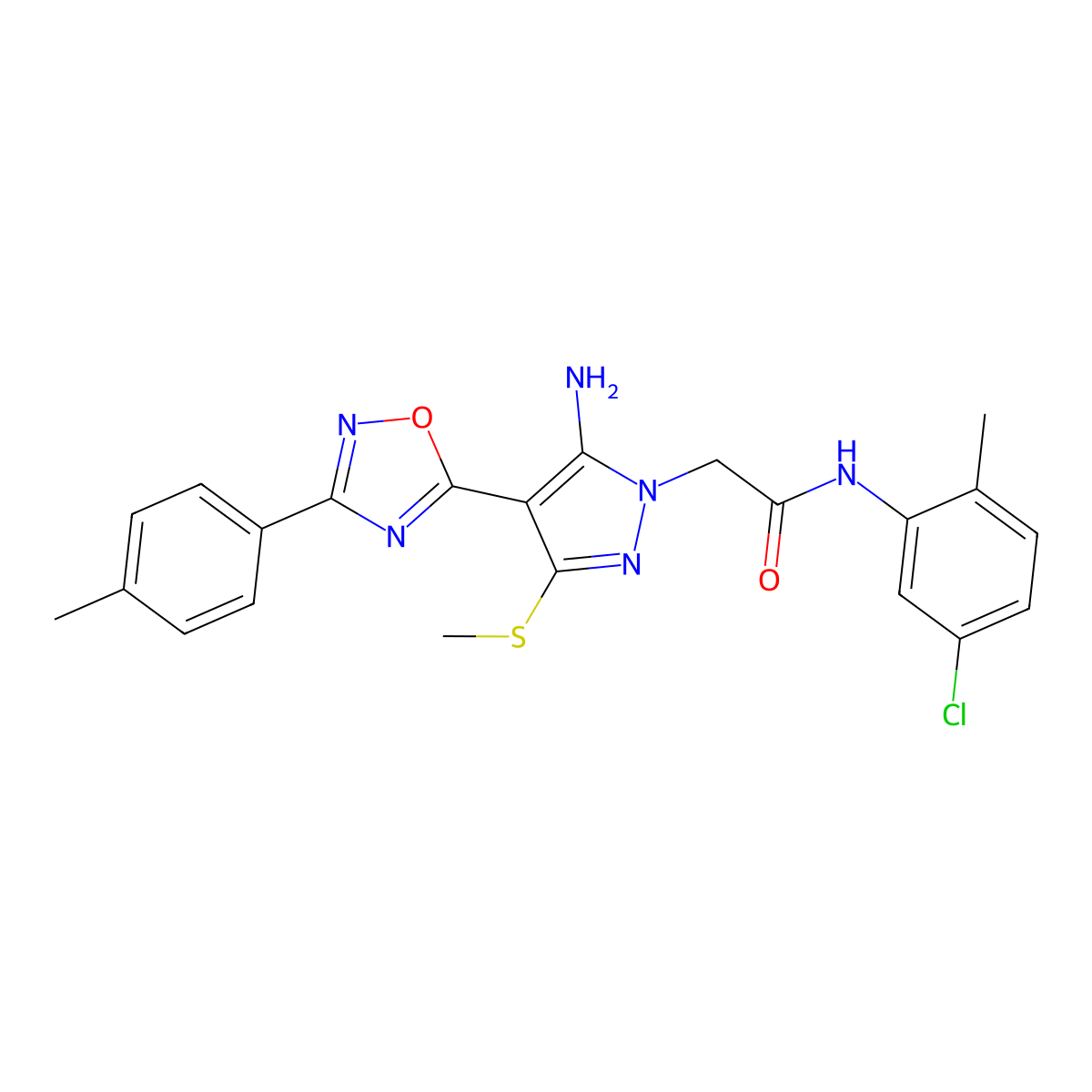 2-{5-amino-4-[3-(4-methylphenyl)-1,2,4-oxadiazol-5-yl]-3-(methylsulfanyl)-1H-pyrazol-1-yl}-N-(5-chloro-2-methylphenyl)acetamide molecular structure, CAS 1242879-36-2