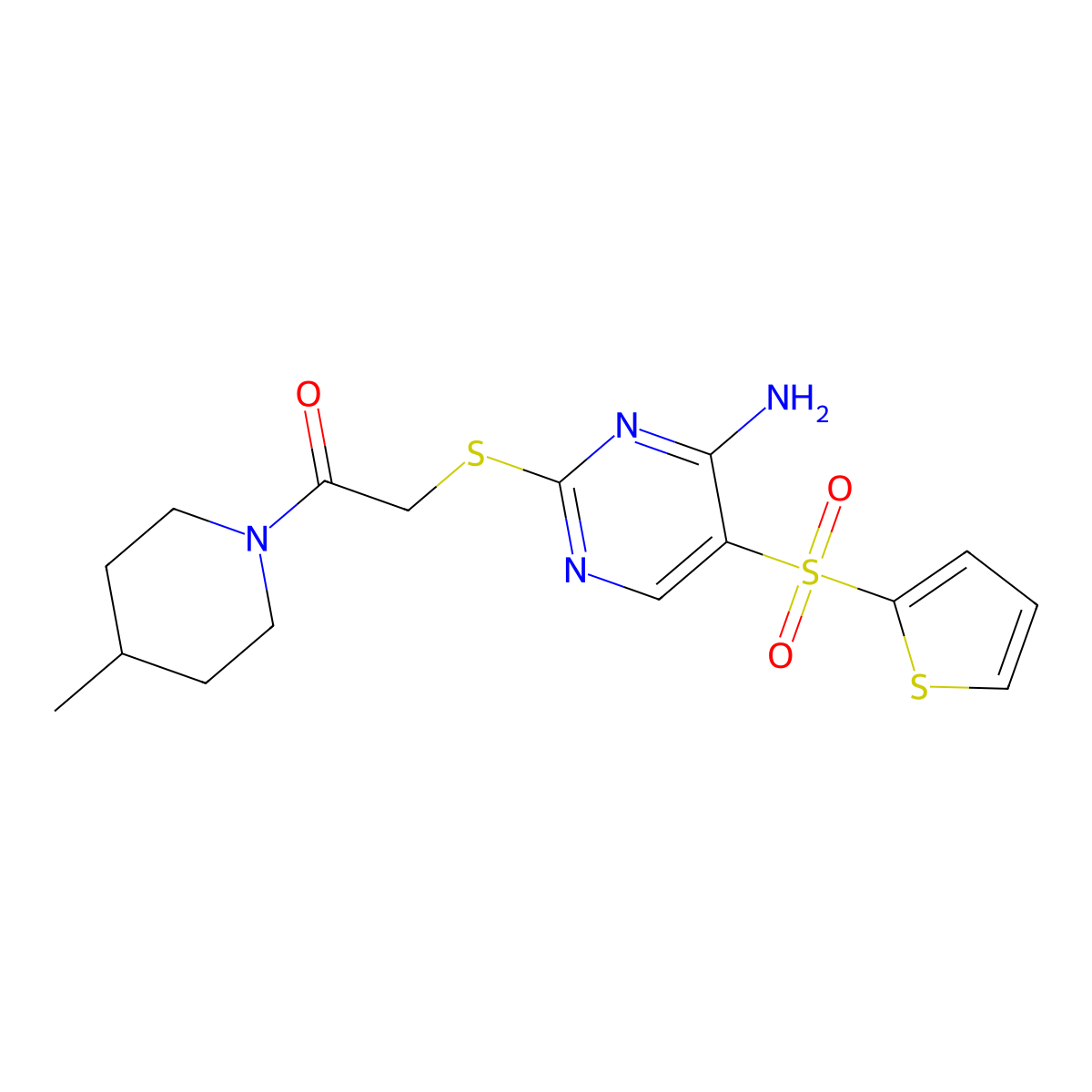 2-((4-Amino-5-(thiophen-2-ylsulfonyl)pyrimidin-2-yl)thio)-1-(4-methylpiperidin-1-yl)ethanone molecular structure, CAS 1242884-08-7