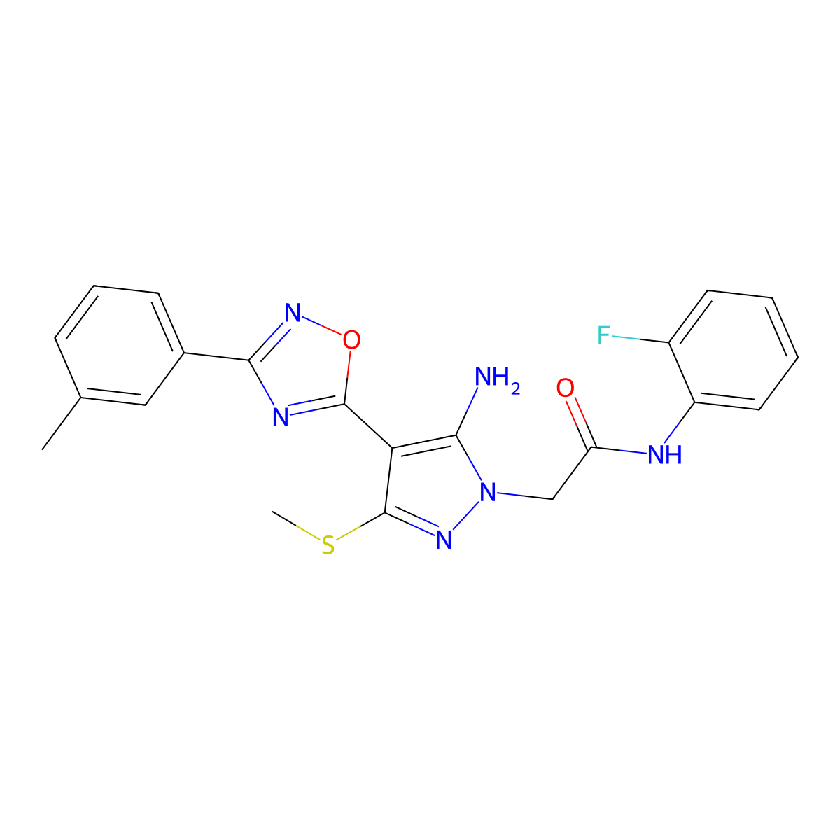 2-{5-amino-4-[3-(3-methylphenyl)-1,2,4-oxadiazol-5-yl]-3-(methylsulfanyl)-1H-pyrazol-1-yl}-N-(2-fluorophenyl)acetamide molecular structure, CAS 1242884-64-5