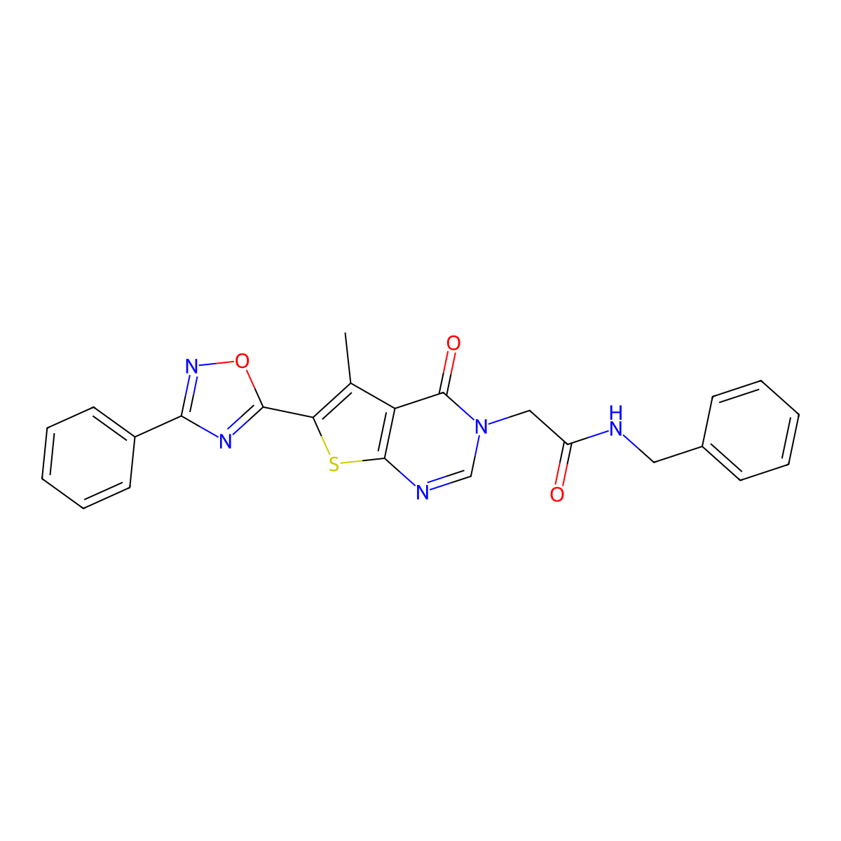 N-benzyl-2-(5-methyl-4-oxo-6-(3-phenyl-1,2,4-oxadiazol-5-yl)thieno[2,3-d]pyrimidin-3(4H)-yl)acetamide molecular structure, CAS 1242885-45-5