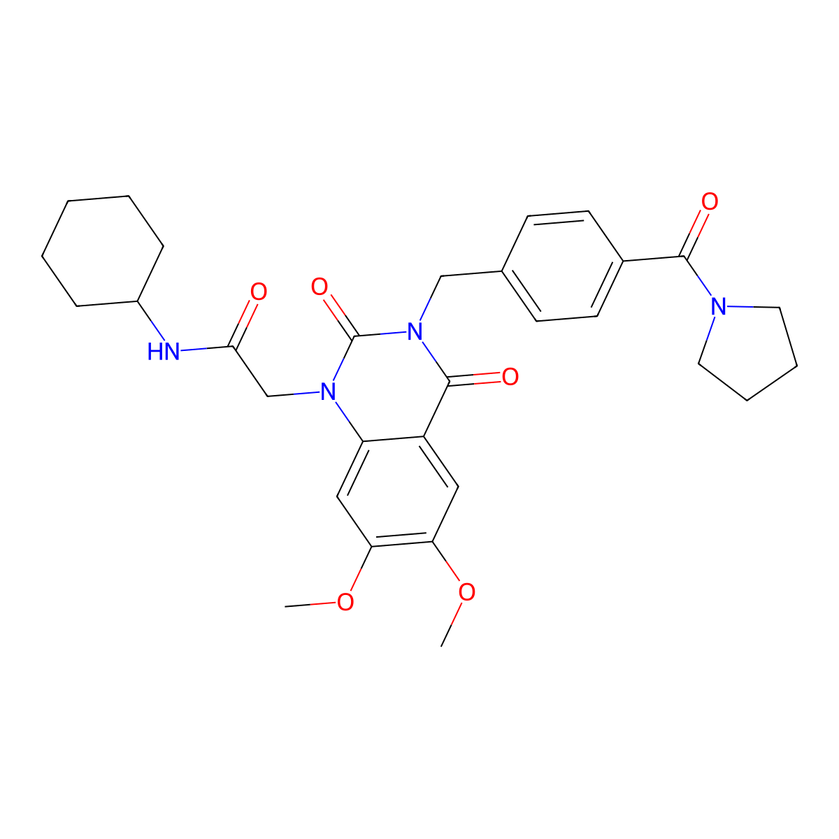 N-cyclohexyl-2-(6,7-dimethoxy-2,4-dioxo-3-(4-(pyrrolidine-1-carbonyl)benzyl)-3,4-dihydroquinazolin-1(2H)-yl)acetamide molecular structure, CAS 1242885-47-7