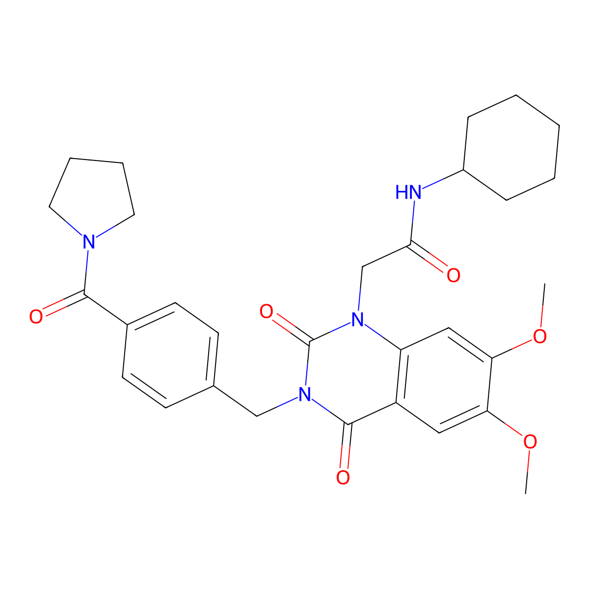 N-cyclohexyl-2-(6,7-dimethoxy-2,4-dioxo-3-(4-(pyrrolidine-1-carbonyl)benzyl)-3,4-dihydroquinazolin-1(2H)-yl)acetamide molecular structure, CAS 1242885-47-7