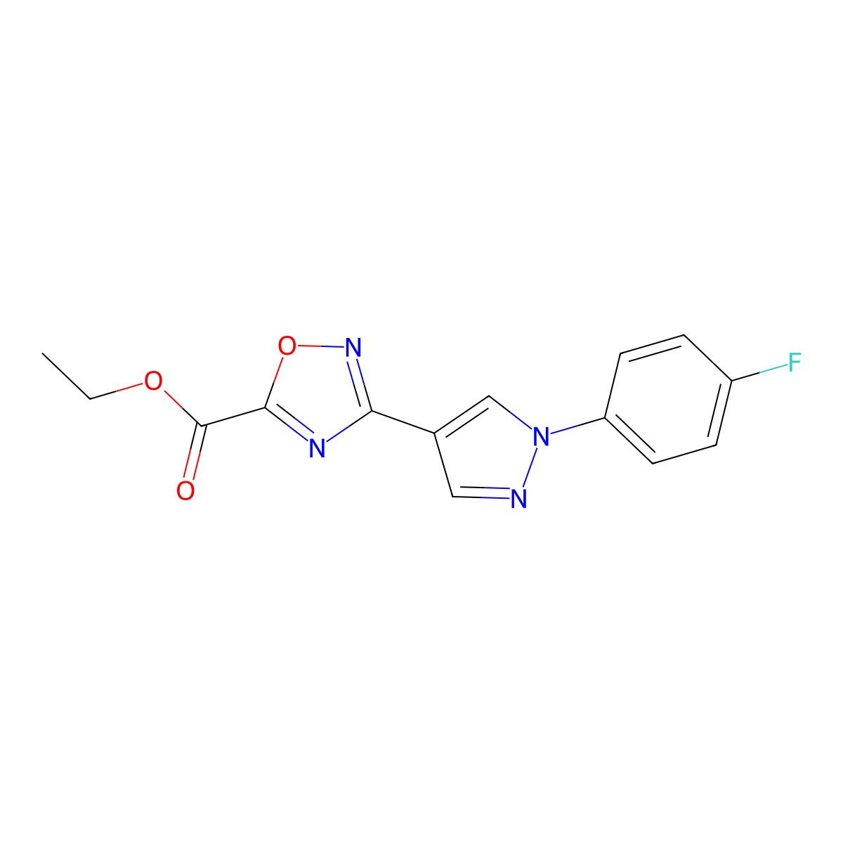 Ethyl 3-[1-(4-fluorophenyl)-1H-pyrazol-4-yl]-1,2,4-oxadiazole-5-carboxylate molecular structure, CAS 1242885-75-1