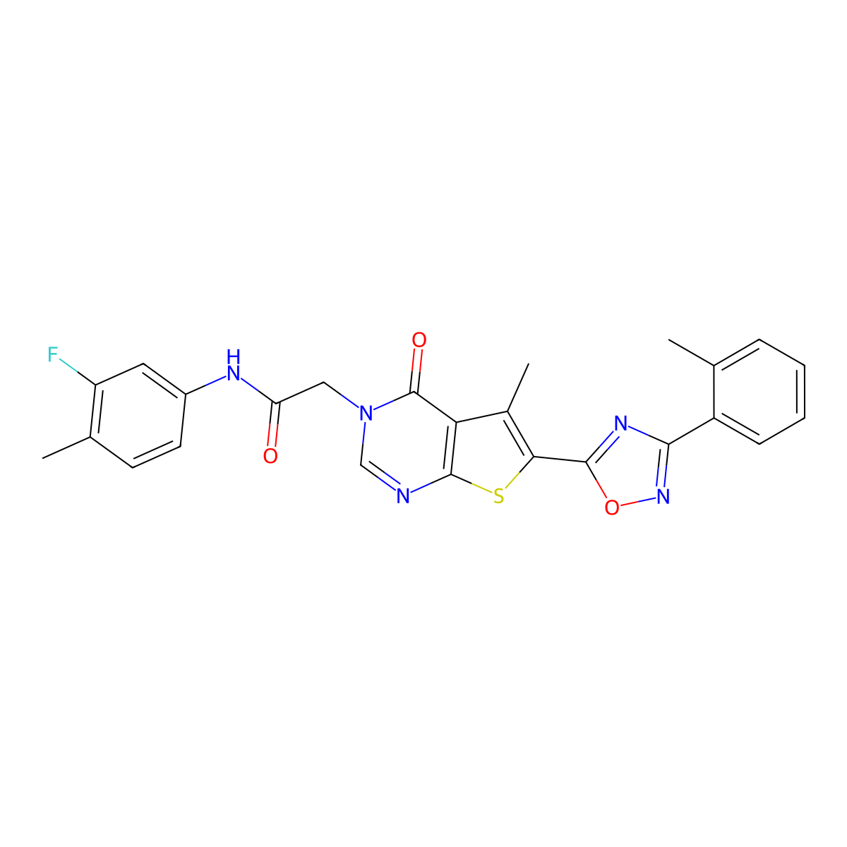 N-(3-fluoro-4-methylphenyl)-2-[5-methyl-6-[3-(2-methylphenyl)-1,2,4-oxadiazol-5-yl]-4-oxothieno[2,3-d]pyrimidin-3(4H)-yl]acetamide molecular structure, CAS 1242887-41-7