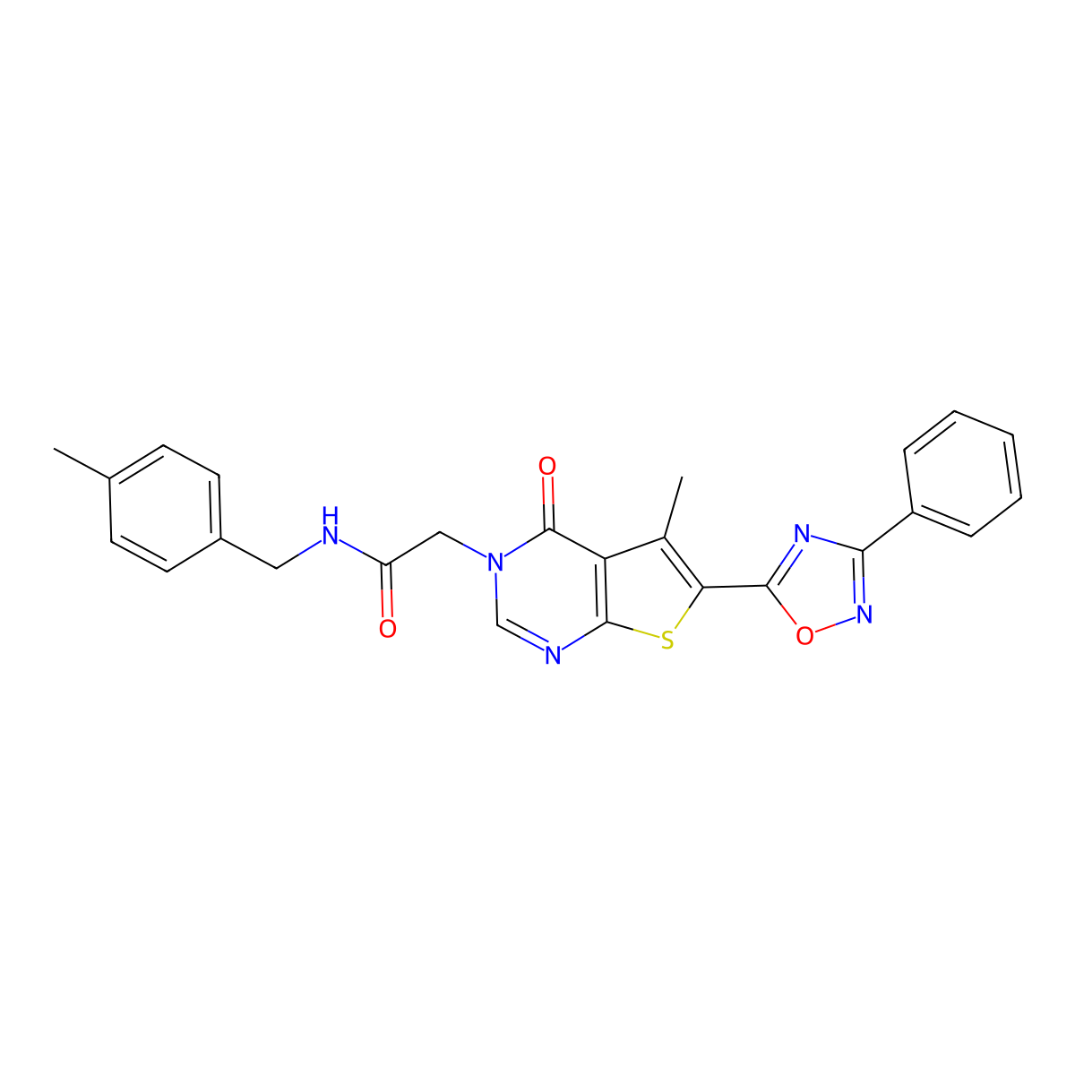 2-(5-methyl-4-oxo-6-(3-phenyl-1,2,4-oxadiazol-5-yl)thieno[2,3-d]pyrimidin-3(4H)-yl)-N-(4-methylbenzyl)acetamide molecular structure, CAS 1242889-36-6