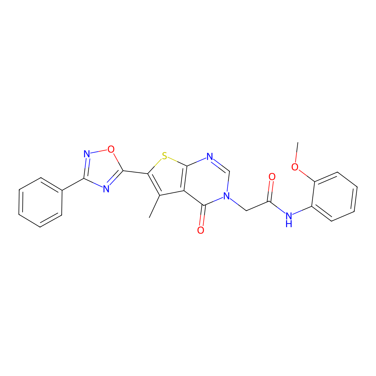 N-(2-methoxyphenyl)-2-(5-methyl-4-oxo-6-(3-phenyl-1,2,4-oxadiazol-5-yl)thieno[2,3-d]pyrimidin-3(4H)-yl)acetamide molecular structure, CAS 1242896-00-9