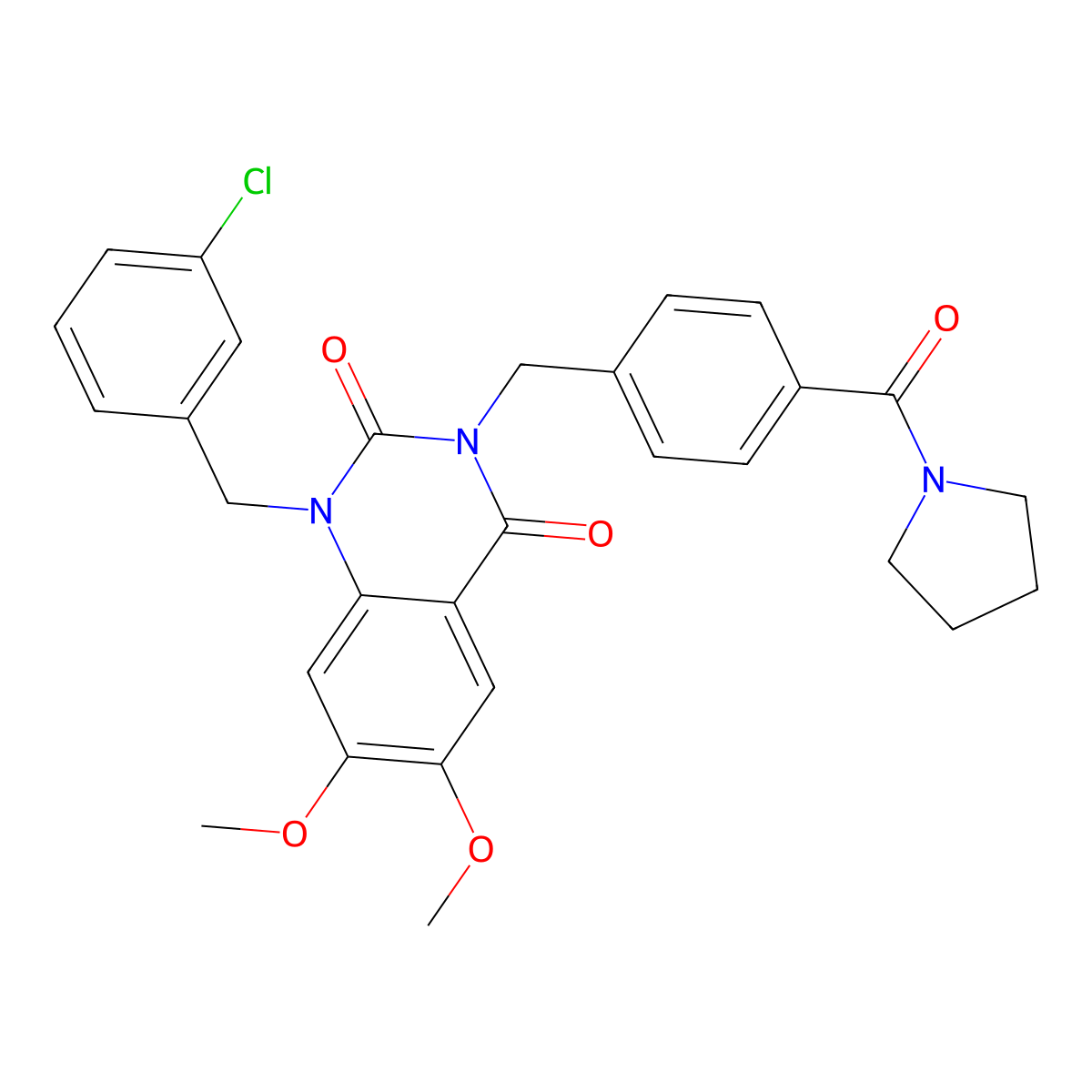 1-(3-chlorobenzyl)-6,7-dimethoxy-3-(4-(pyrrolidine-1-carbonyl)benzyl)quinazoline-2,4(1H,3H)-dione molecular structure, CAS 1242898-45-8