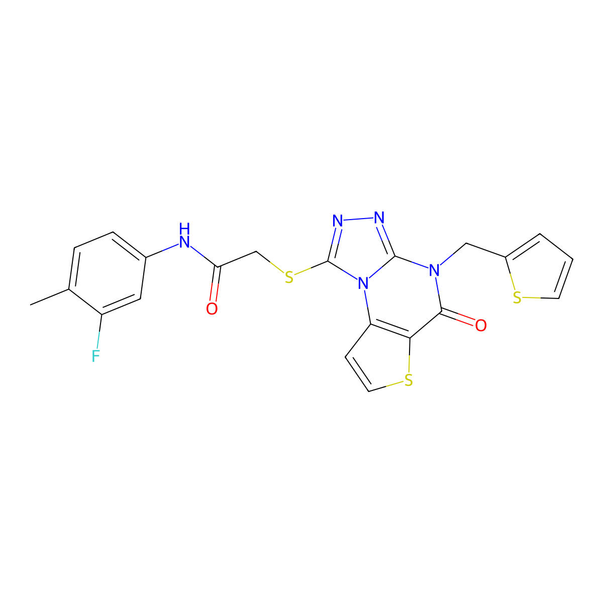 N-(3-fluoro-4-methylphenyl)-2-((5-oxo-4-(thiophen-2-ylmethyl)-4,5-dihydrothieno[2,3-e][1,2,4]triazolo[4,3-a]pyrimidin-1-yl)thio)acetamide molecular structure, CAS 1242900-81-7