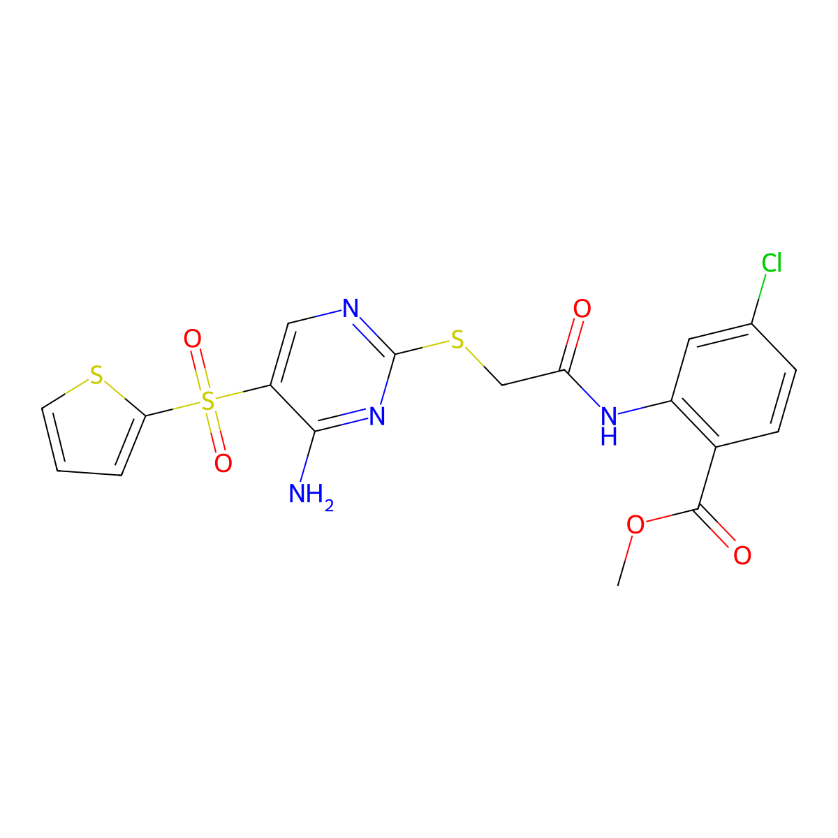 Methyl 2-(2-{[4-amino-5-(thiophene-2-sulfonyl)pyrimidin-2-yl]sulfanyl}acetamido)-4-chlorobenzoate molecular structure, CAS 1242902-48-2