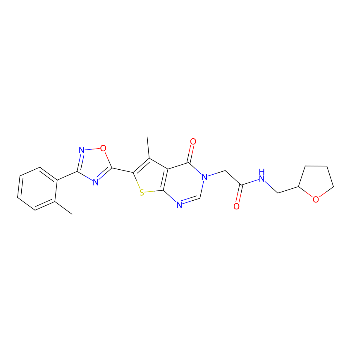 2-(5-methyl-4-oxo-6-(3-(o-tolyl)-1,2,4-oxadiazol-5-yl)thieno[2,3-d]pyrimidin-3(4H)-yl)-N-((tetrahydrofuran-2-yl)methyl)acetamide molecular structure, CAS 1242907-44-3