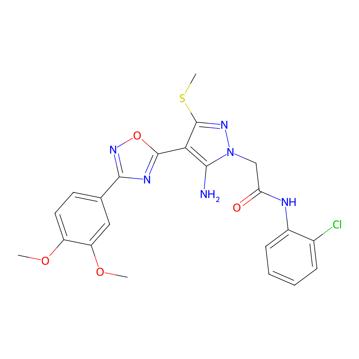 2-(5-amino-4-(3-(3,4-dimethoxyphenyl)-1,2,4-oxadiazol-5-yl)-3-(methylthio)-1H-pyrazol-1-yl)-N-(2-chlorophenyl)acetamide molecular structure, CAS 1242908-77-5