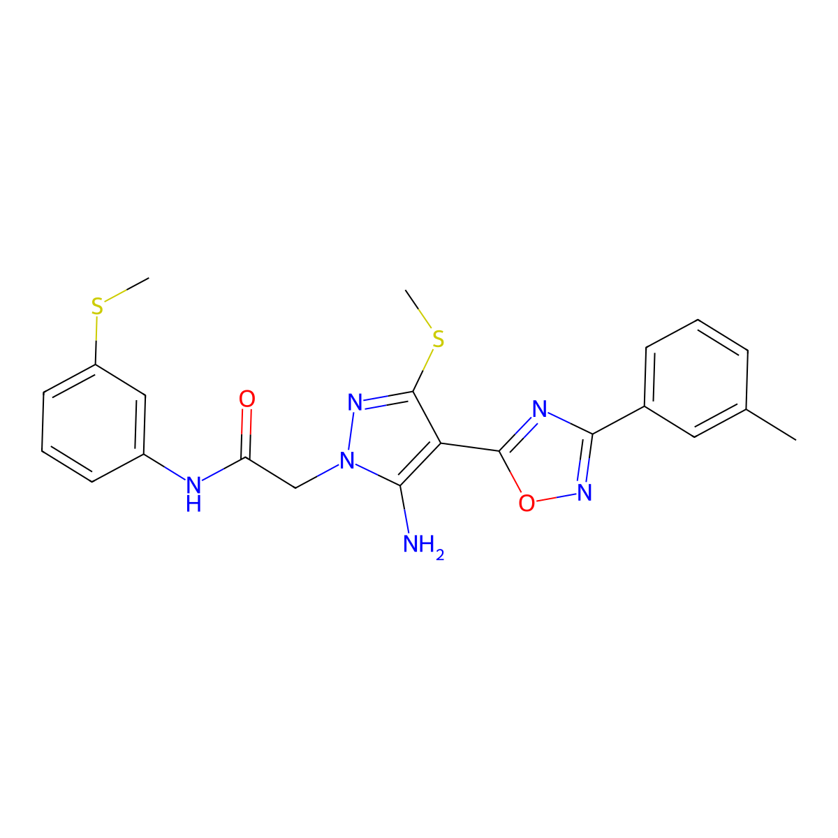 2-{5-amino-4-[3-(3-methylphenyl)-1,2,4-oxadiazol-5-yl]-3-(methylsulfanyl)-1H-pyrazol-1-yl}-N-[3-(methylsulfanyl)phenyl]acetamide molecular structure, CAS 1242910-52-6