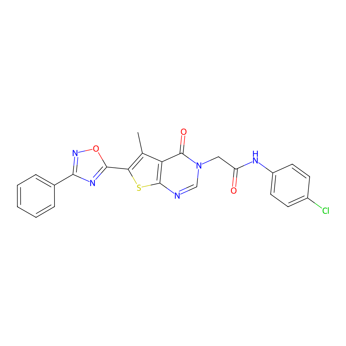 N-(4-chlorophenyl)-2-(5-methyl-4-oxo-6-(3-phenyl-1,2,4-oxadiazol-5-yl)thieno[2,3-d]pyrimidin-3(4H)-yl)acetamide molecular structure, CAS 1242910-95-7