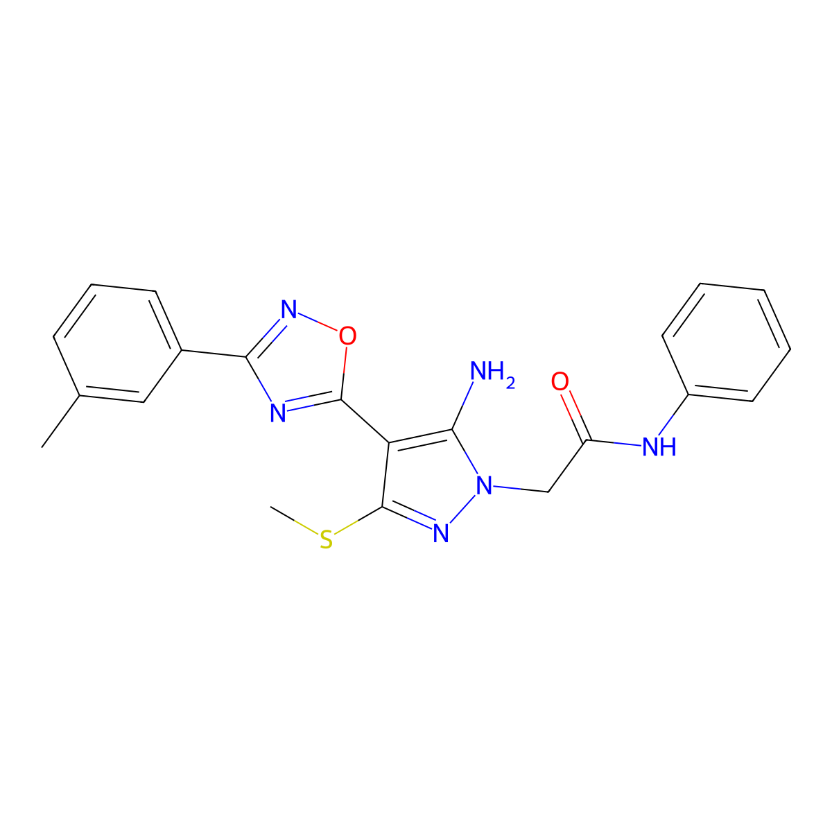 2-{5-amino-4-[3-(3-methylphenyl)-1,2,4-oxadiazol-5-yl]-3-(methylsulfanyl)-1H-pyrazol-1-yl}-N-phenylacetamide molecular structure, CAS 1242911-34-7