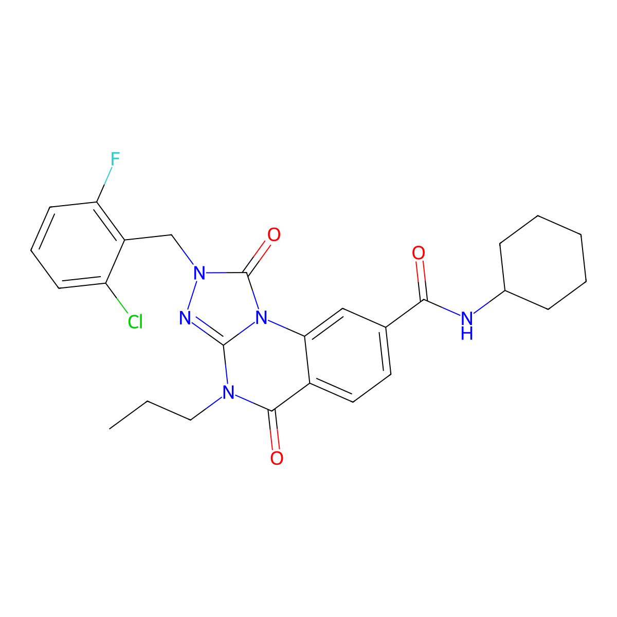 2-(2-chloro-6-fluorobenzyl)-N-cyclohexyl-1,5-dioxo-4-propyl-1,2,4,5-tetrahydro[1,2,4]triazolo[4,3-a]quinazoline-8-carboxamide molecular structure, CAS 1242912-03-3