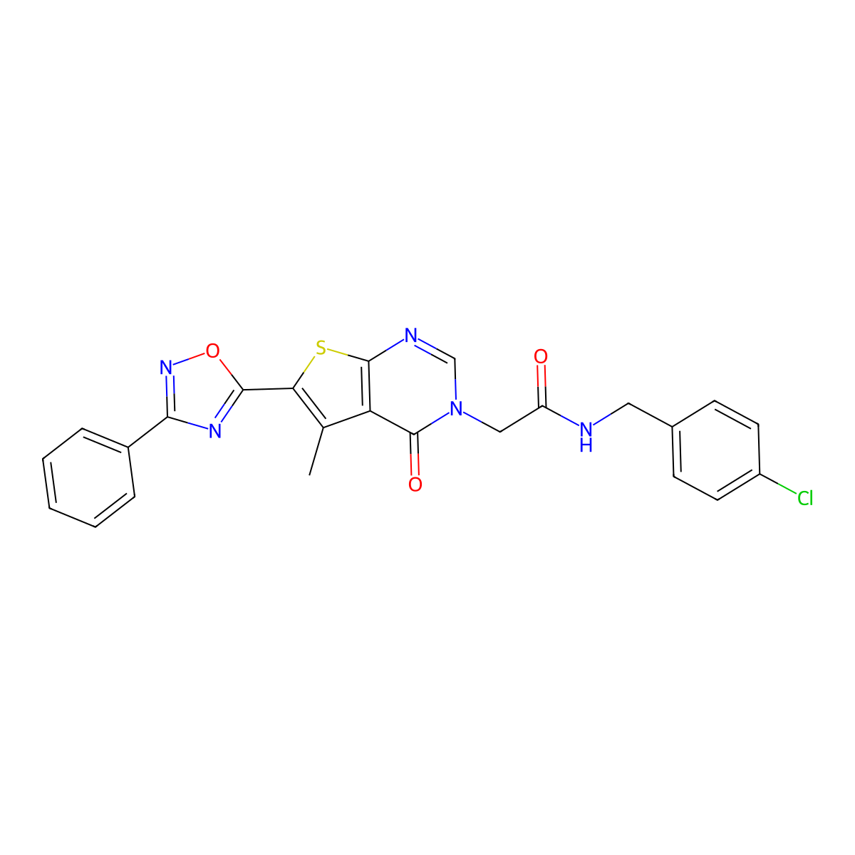 N-(4-chlorobenzyl)-2-(5-methyl-4-oxo-6-(3-phenyl-1,2,4-oxadiazol-5-yl)thieno[2,3-d]pyrimidin-3(4H)-yl)acetamide molecular structure, CAS 1242912-07-7