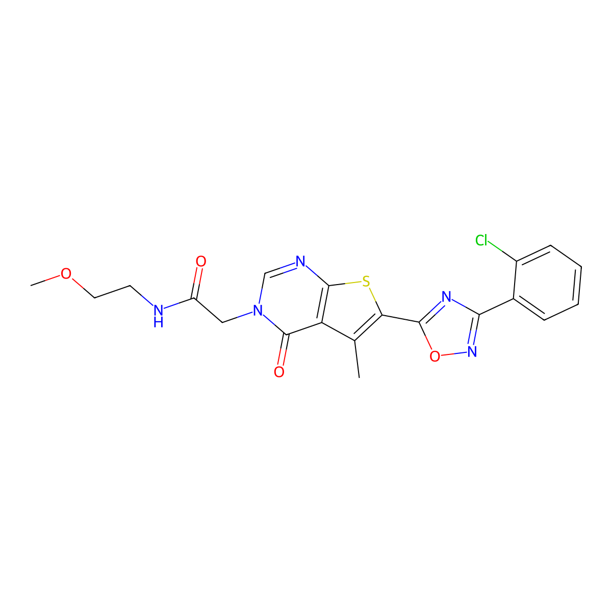 2-{6-[3-(2-chlorophenyl)-1,2,4-oxadiazol-5-yl]-5-methyl-4-oxo-3H,4H-thieno[2,3-d]pyrimidin-3-yl}-N-(2-methoxyethyl)acetamide molecular structure, CAS 1242912-74-8