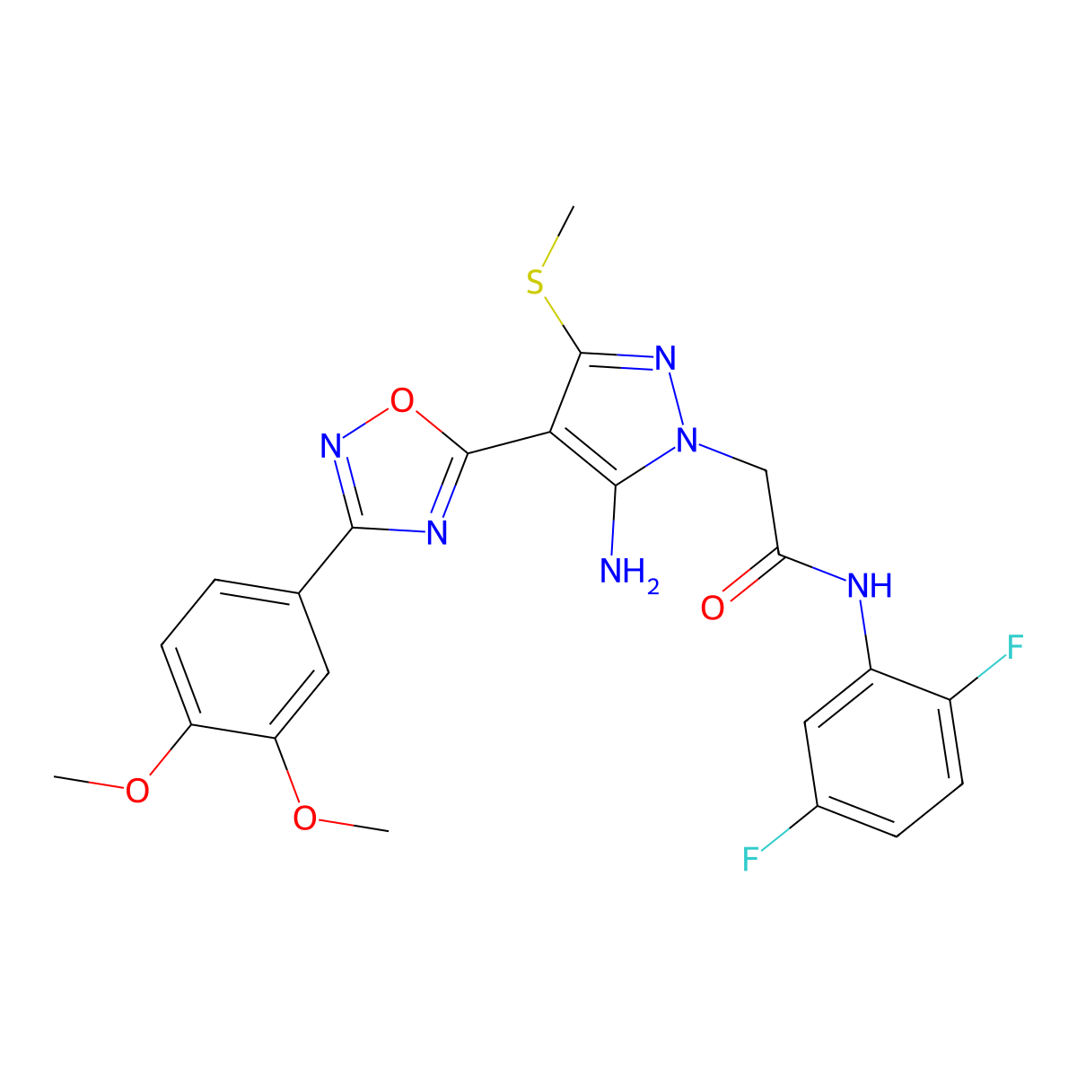 2-(5-amino-4-(3-(3,4-dimethoxyphenyl)-1,2,4-oxadiazol-5-yl)-3-(methylthio)-1H-pyrazol-1-yl)-N-(2,5-difluorophenyl)acetamide molecular structure, CAS 1242913-45-6