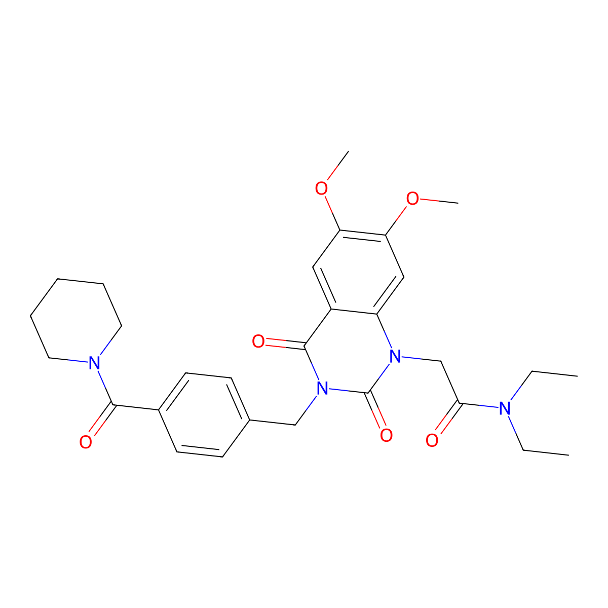 2-(6,7-dimethoxy-2,4-dioxo-3-(4-(piperidine-1-carbonyl)benzyl)-3,4-dihydroquinazolin-1(2H)-yl)-N,N-diethylacetamide molecular structure, CAS 1242914-47-1