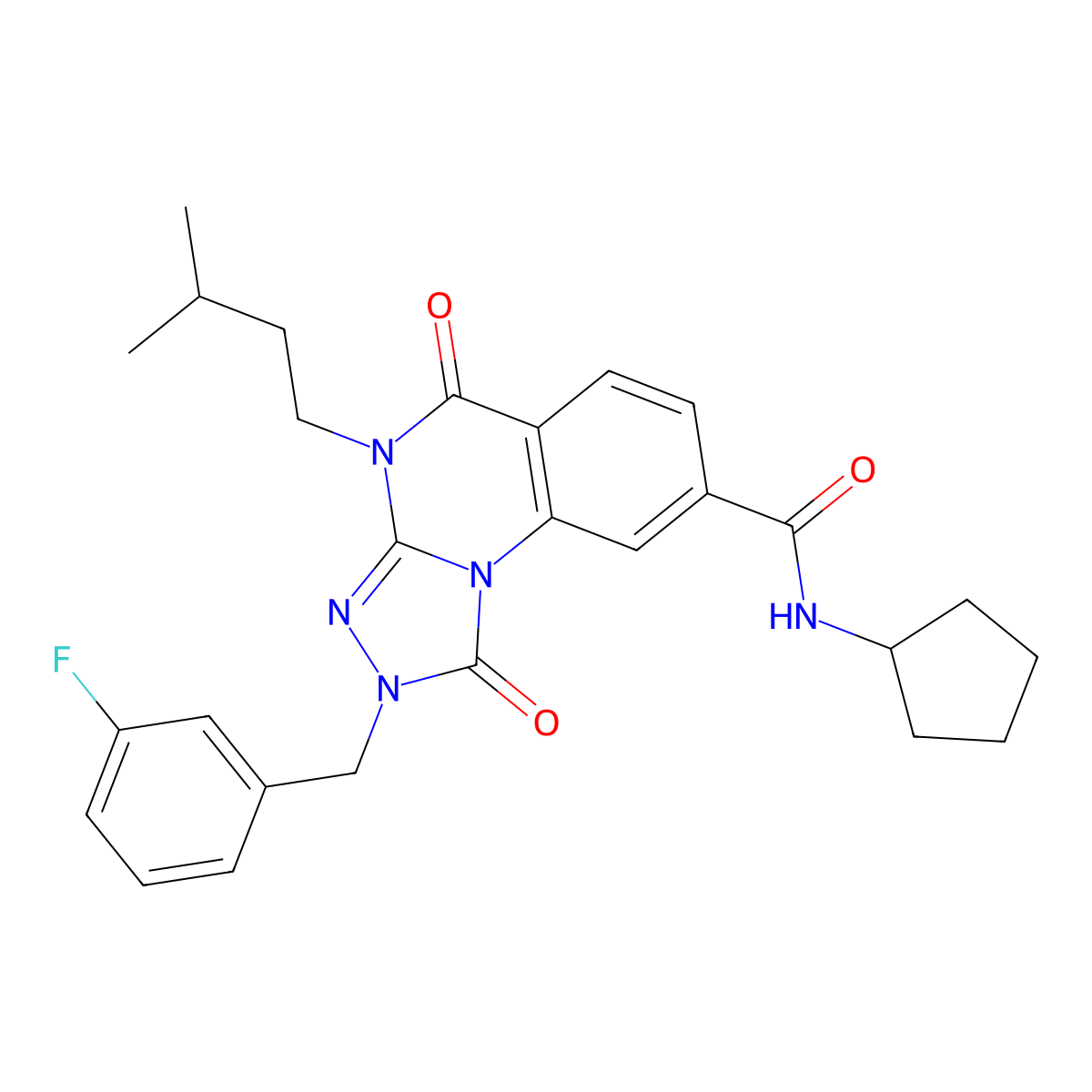 N-cyclopentyl-2-(3-fluorobenzyl)-4-(3-methylbutyl)-1,5-dioxo-1,2,4,5-tetrahydro[1,2,4]triazolo[4,3-a]quinazoline-8-carboxamide molecular structure, CAS 1242918-86-0
