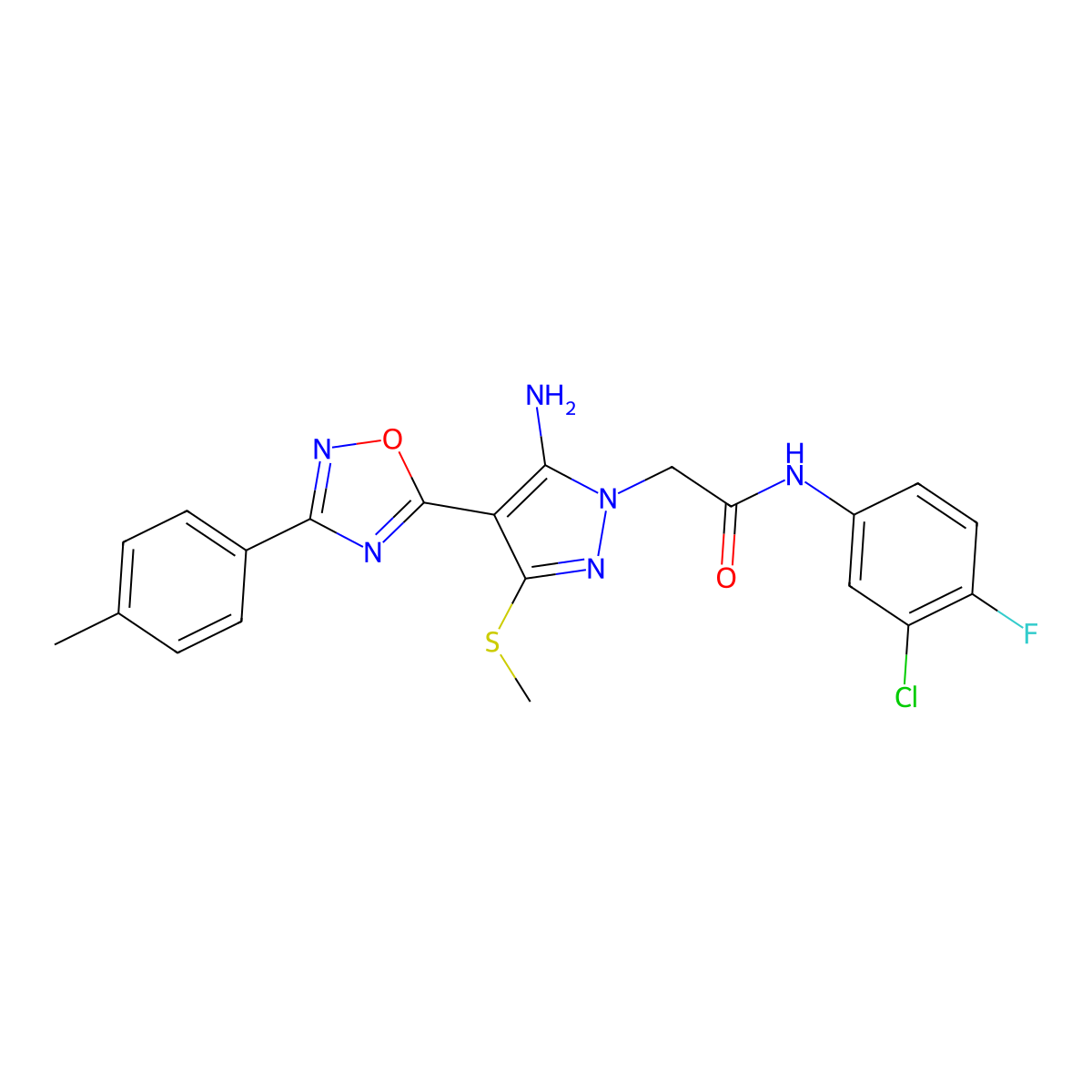 2-{5-amino-4-[3-(4-methylphenyl)-1,2,4-oxadiazol-5-yl]-3-(methylsulfanyl)-1H-pyrazol-1-yl}-N-(3-chloro-4-fluorophenyl)acetamide molecular structure, CAS 1242923-58-5
